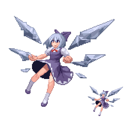 d-01, cirno, embodiment of scarlet devil, touhou, 1girl, :d, blue dress, blue eyes, blue hair, dress, female focus, flying, full body, ice, ice wings, kneehighs, open mouth, pixel art, puffy short sleeves, puffy sleeves, short sleeves, smile, socks, white socks, wings