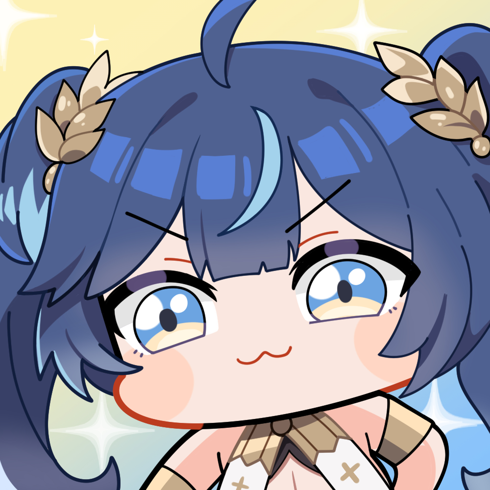 twomoon, iuno (wuthering waves), wuthering waves, commentary, english commentary, 1girl, :3, ahoge, armlet, blue eyes, blue hair, breasts, chibi, chibi only, cleavage, head wreath, jewelry, long hair, looking at viewer, multicolored hair, portrait, solo, sparkle, sparkling aura, streaked hair, twintails, v-shaped eyebrows
