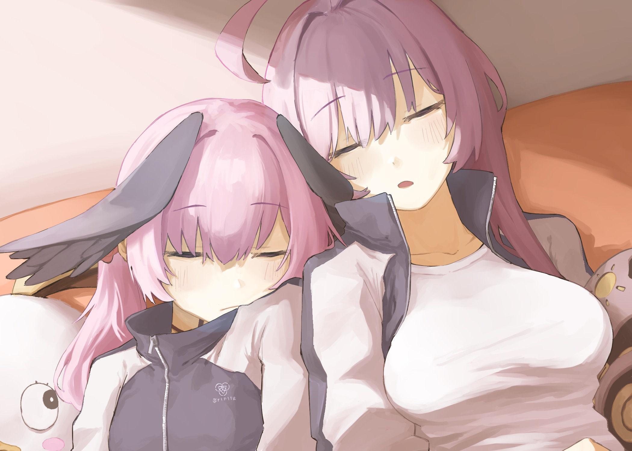 hanako (blue archive), koharu (blue archive), peroro (blue archive), blue archive, commentary request, highres, 2girls, ahoge, black wings, blush, breasts, collarbone, feathered wings, head wings, jacket, leaning on person, leaning to the side, medium breasts, multiple girls, pink hair, shirt, sleeping, tap (vjnm2724), track jacket, trinity general school logo, upper body, white shirt, wings