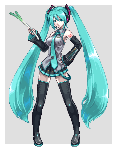 mabius, mabius (pixiv293006), hatsune miku, vocaloid, lowres, 1girl, aqua eyes, aqua hair, aqua necktie, bare shoulders, black boots, black skirt, black thighhighs, boots, breasts, detached sleeves, female focus, full body, grey shirt, hair ornament, hand on own hip, hand up, holding, legs, long hair, long sleeves, looking at viewer, matching hair/eyes, miniskirt, necktie, outside border, pigeon-toed, pixel art, pleated skirt, shirt, simple background, skindentation, skirt, sleeveless, sleeveless shirt, solo, spring onion, standing, thigh boots, thighhighs, thighs, twintails, very long hair, wide sleeves, zettai ryouiki