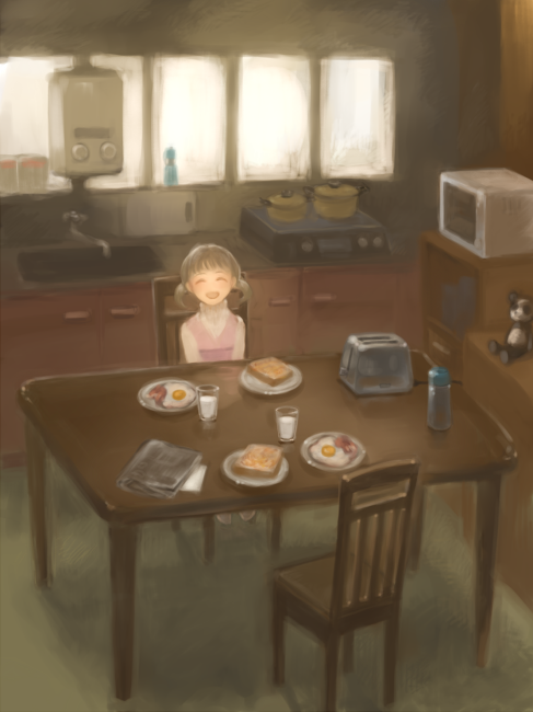 tonko, doujima nanako, atlus, persona, persona 4, pot, 1girl, bread, bread slice, breakfast, brown hair, chair, child, closed eyes, cup, egg, female focus, food, happy, kitchen, microwave, morning, on chair, short hair, sink, smile, solo, stuffed animal, stuffed toy, table, teddy bear, toast, toaster, twintails