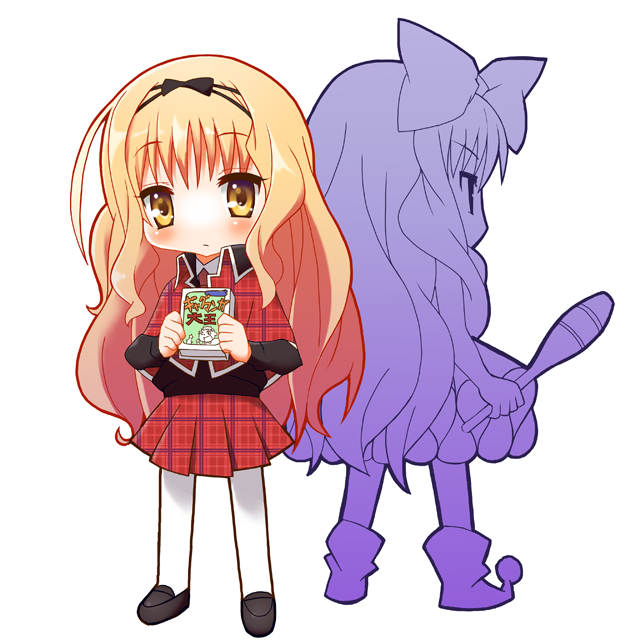 9law, clown drop, mashiro rima, shugo chara!, bad id, bad pixiv id, 2girls, back-to-back, blonde hair, dress, full body, holding, long hair, long sleeves, looking at viewer, multiple girls, pantyhose, red dress, standing, very long hair, white pantyhose, yellow eyes