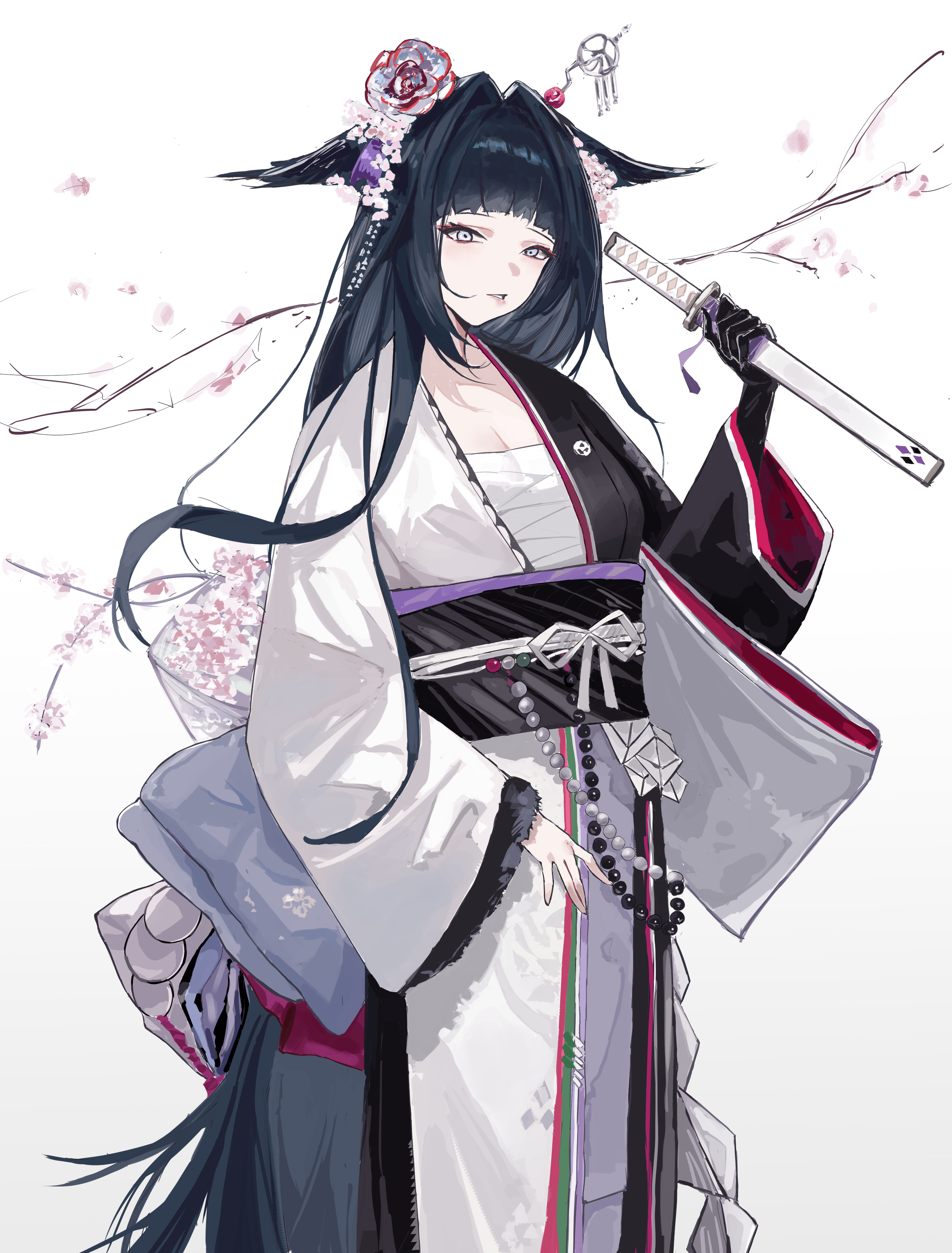 yuanqi (chriu), mio (arknights), arknights, absurdres, highres, 1girl, bandages, black hair, black kimono, chest sarashi, cowboy shot, gradient background, grey background, hair flaps, hair intakes, holding, holding sword, holding weapon, japanese clothes, kimono, long hair, long sleeves, looking at viewer, sarashi, scabbard, sheath, sheathed, solo, standing, sword, two-tone kimono, weapon, white background, white kimono