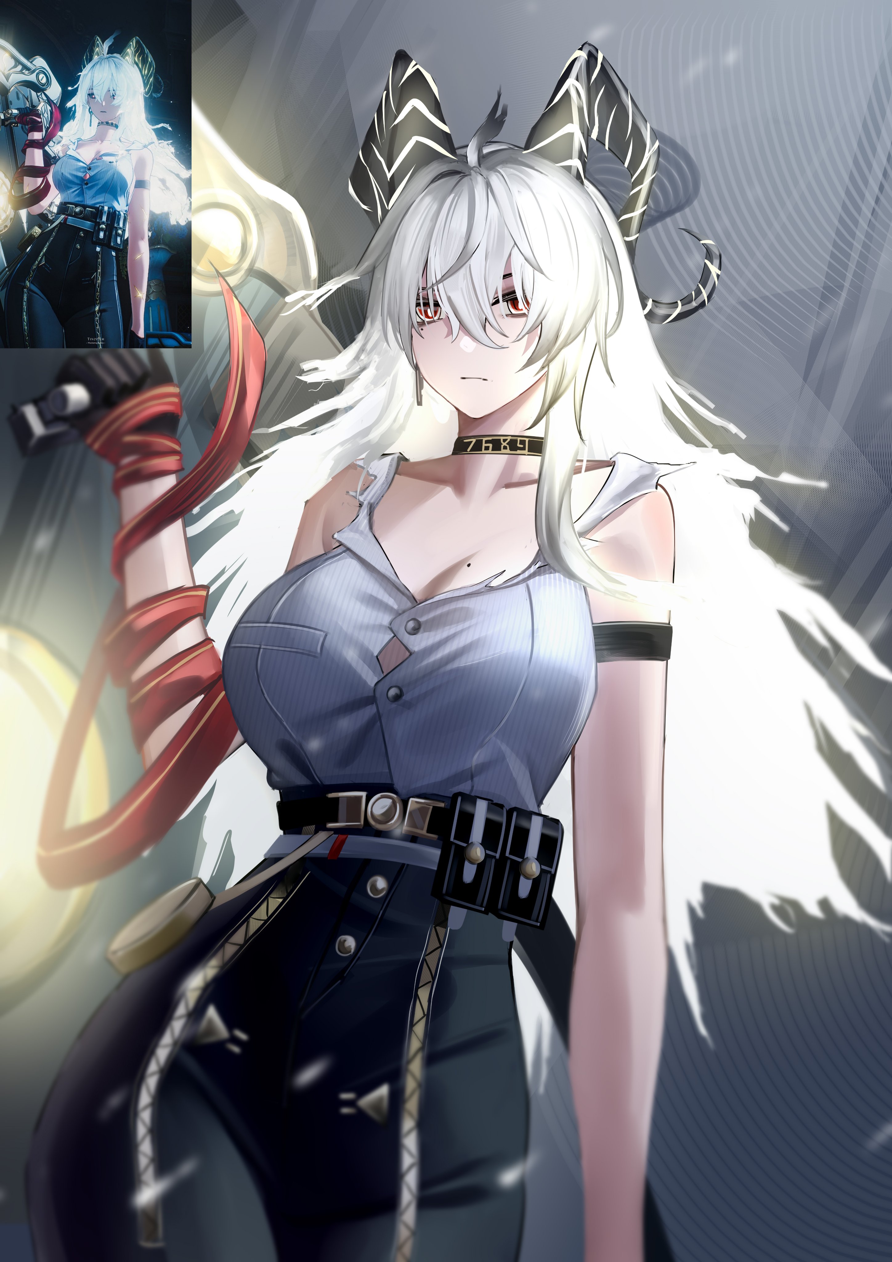 erlisa takanashi, zani (wuthering waves), wuthering waves, absurdres, commentary, english commentary, highres, 1girl, ahoge, arm strap, bare shoulders, black choker, black gloves, black horns, black pants, breasts, button gap, choker, closed mouth, collarbone, curled horns, earrings, game screenshot inset, gloves, grey hair, hair between eyes, high-waist pants, horns, jewelry, key earrings, long hair, mole, mole on breast, mole under eye, necktie, necktie around wrists, pants, red eyes, red necktie, reference inset, shirt, shirt tucked in, solo, tight clothes, tight pants, very long hair, white shirt