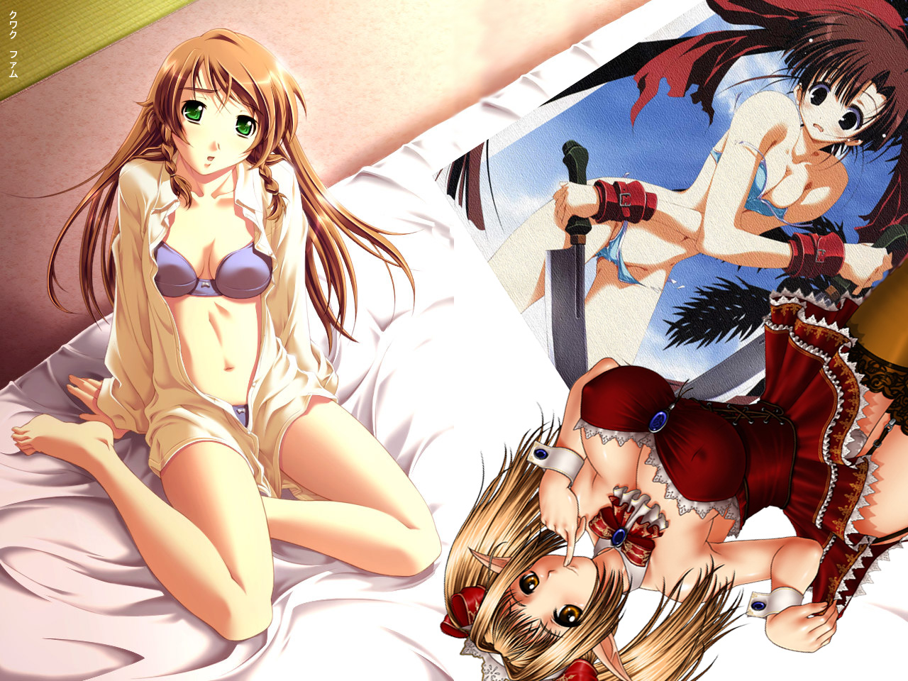 artist request, character request, source request, third-party edit, 2girls, bed, bikini, blonde hair, blouse, bottomless, breasts, cleavage, cuffs, dress, green eyes, knife, large breasts, long hair, multiple girls, open clothes, open shirt, orange hair, pantyhose, pointy ears, poster (medium), shirt, swimsuit, sword, torn clothes, twintails, underwear, weapon, yellow eyes