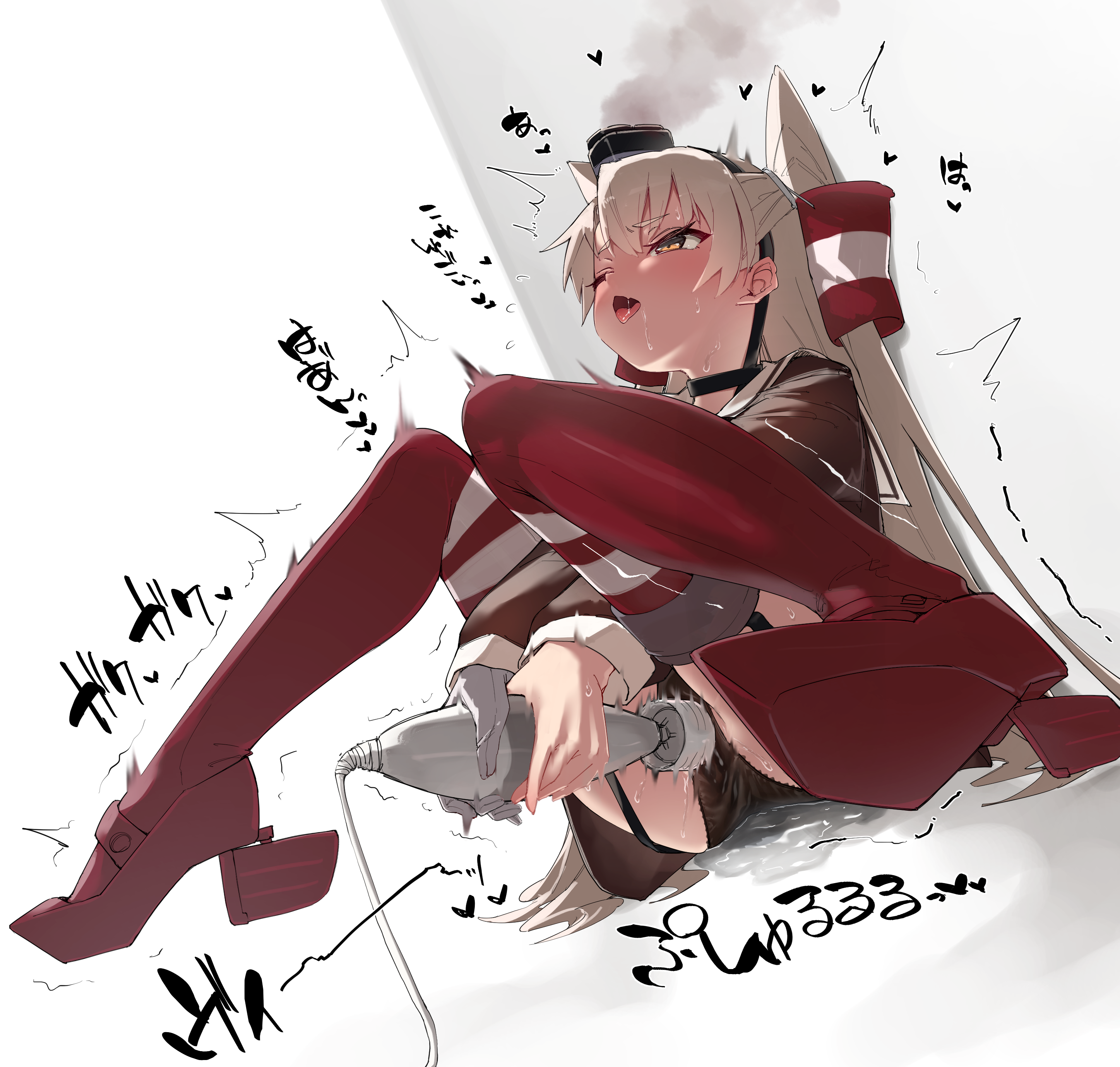 zetsuriinu (kairyougata), amatsukaze (kancolle), kantai collection, absurdres, highres, 1girl, brown dress, brown eyes, clothed masturbation, dildo, dress, female masturbation, garter straps, gloves, hair tubes, hat, hitachi magic wand, holding, holding sex toy, long hair, long shirt, long sleeves, masturbation, masturbation through clothes, mini hat, one eye closed, open mouth, pussy juice, red thighhighs, rudder footwear, sailor dress, sex toy, short dress, single glove, sitting, smokestack hair ornament, solo, sweat, thighhighs, tongue, tongue out, two side up, very long hair, vibrator, white gloves, white hair