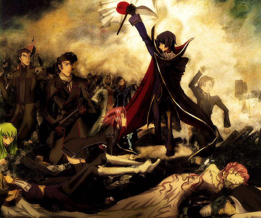 c.c., clovis la britannia, diethard ried, euphemia li britannia, jeremiah gottwald, kouzuki kallen, lelouch vi britannia, ohgi kaname, rakshata chawla, rolo lamperouge, sumeragi kaguya, toudou kyoushirou, zero (code geass), code geass, liberty leading the people, non-web source, spoilers, third-party edit, 5girls, 6+boys, fine art parody, food, french revolution, japanese flag, multiple boys, multiple girls, order of the black knights uniform, parody, pizza