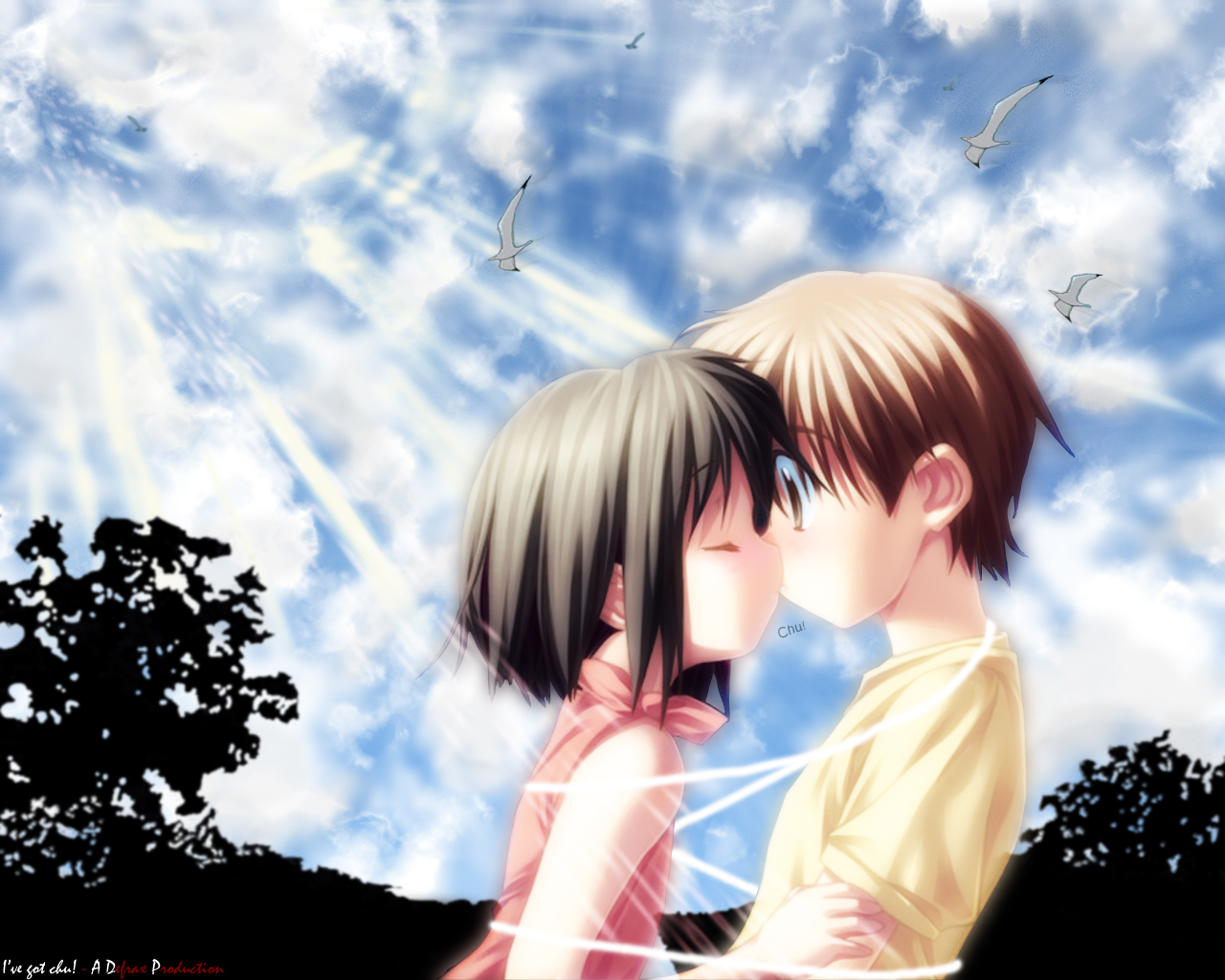boku to bokura no natsu, 1boy, 1girl, aged down, bird, brown hair, child, cloud, day, flat chest, hetero, kiss, short hair, sky, sleeveless, surprised, tree