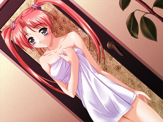 murakami suigun, ligene, natsuiro no sunadokei, game cg, 00s, 1girl, blush, dutch angle, female focus, green eyes, long hair, naked towel, red hair, solo, towel, twintails
