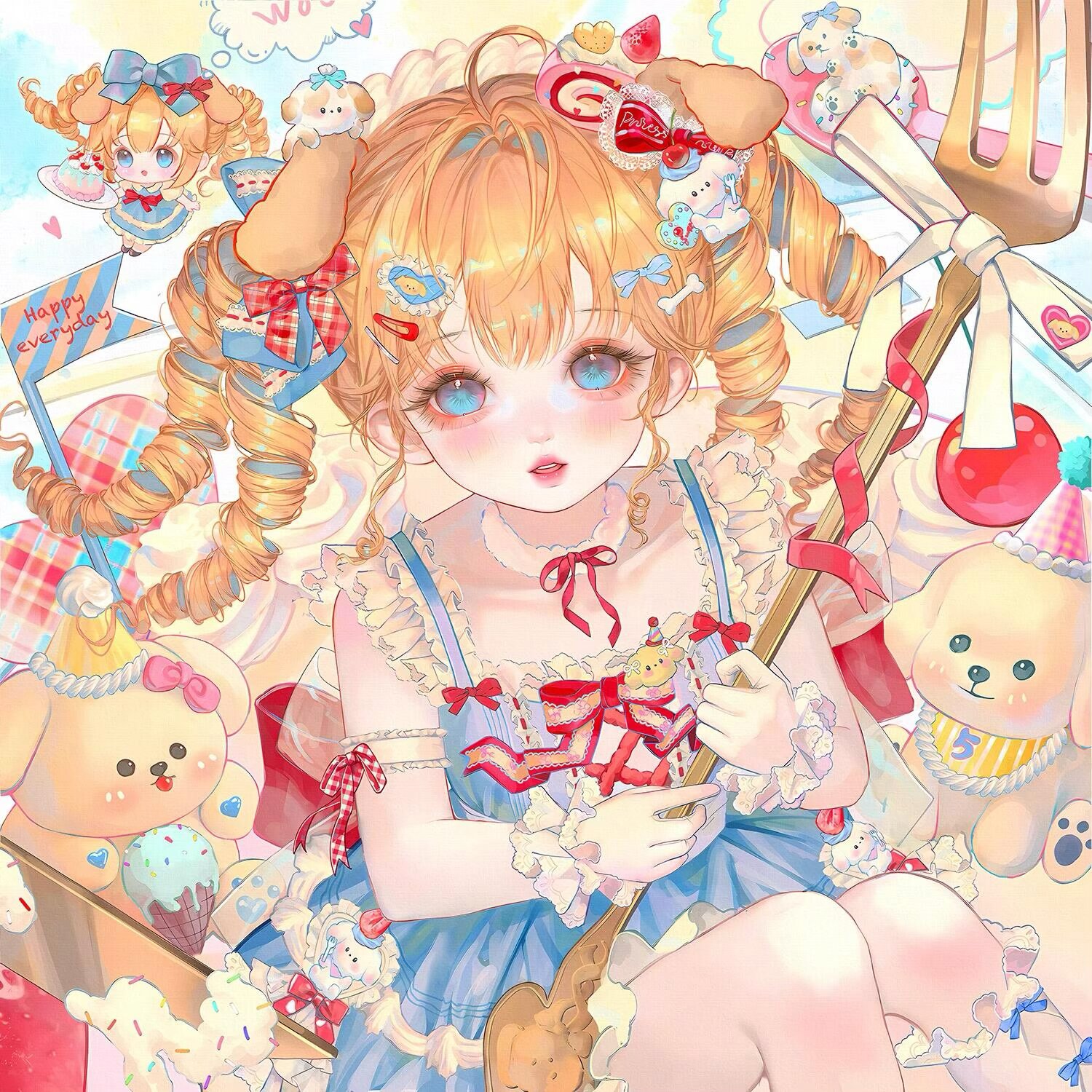 xixizi, original, highres, large variant set, variant set, 1girl, ahoge, animal ears, blonde hair, blue bow, blue dress, blue eyes, blush, bow, dog ears, dress, drill hair, food, fork, frills, gloves, hair bow, hair ornament, hairclip, holding, long hair, looking at viewer, parted lips, red bow, red ribbon, ribbon, sitting, sleeveless, sleeveless dress, socks, solo, stuffed animal, stuffed toy, teddy bear, white gloves