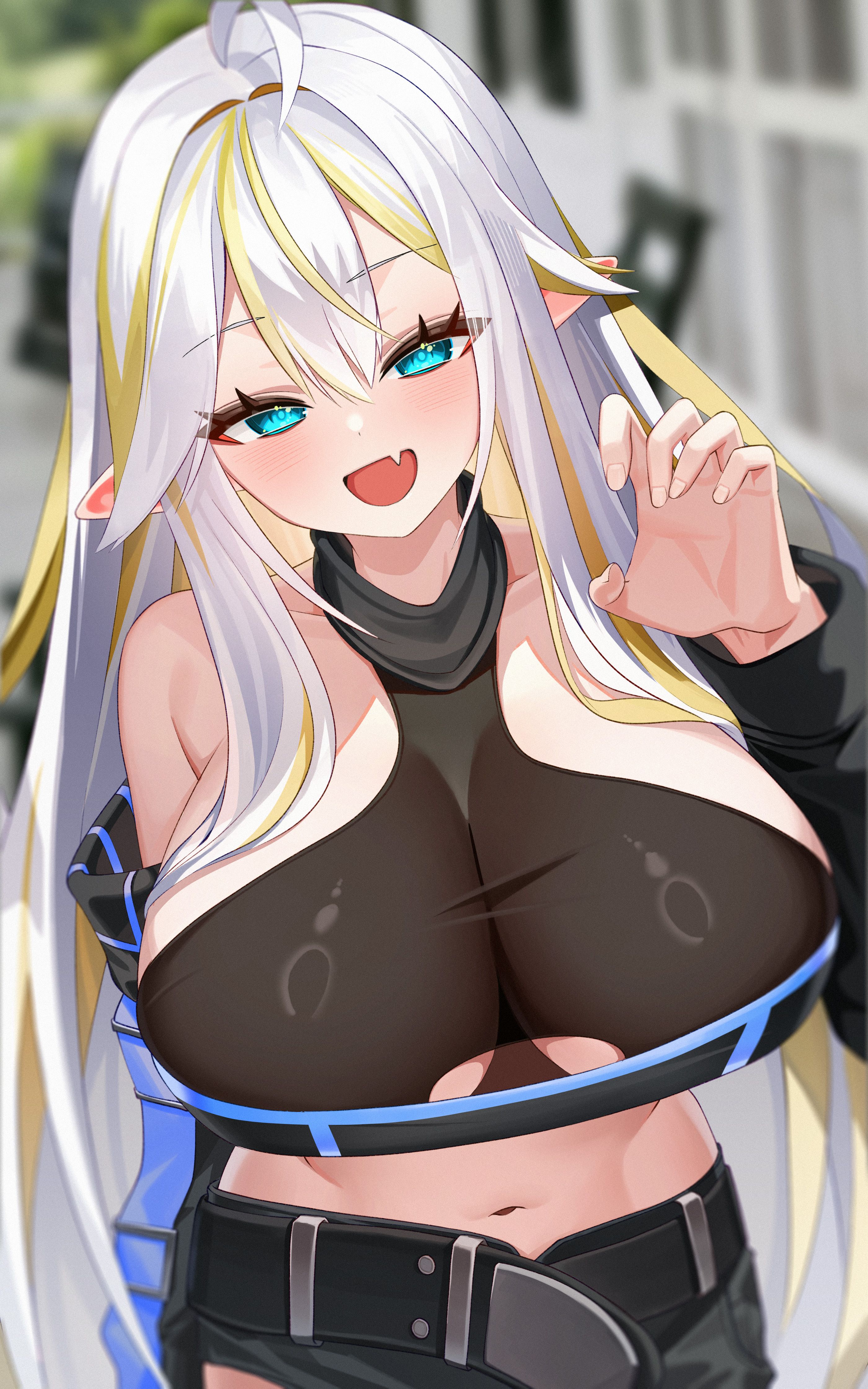 gimseol, original, absurdres, commission, highres, 1girl, ahoge, bare shoulders, belt, black shirt, blue eyes, blurry, blurry background, breasts, claw pose, cleavage, clothing cutout, cowboy shot, crop top, detached sleeves, fang, hand up, large breasts, long hair, long sleeves, looking at viewer, midriff, multicolored hair, navel, open mouth, pointy ears, see-through cleavage, see-through clothes, shirt, smile, solo, stomach, streaked hair, underboob cutout, very long hair, white hair