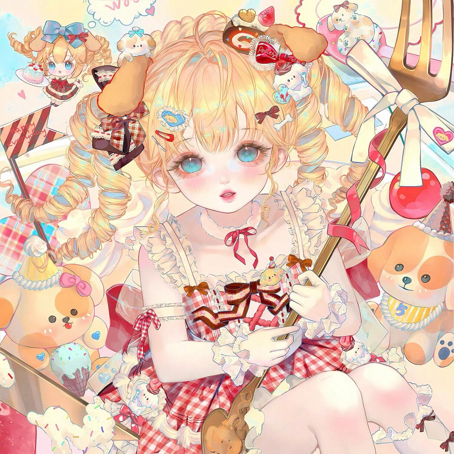 xixizi, original, highres, large variant set, variant set, 1girl, animal ears, blonde hair, blue eyes, blush, bow, dog ears, dress, drill hair, food, frilled dress, frills, hair bow, hair ornament, hairclip, holding, long hair, looking at viewer, parted lips, red bow, sitting, sleeveless, sleeveless dress, solo, stuffed animal, stuffed toy, teddy bear, twintails