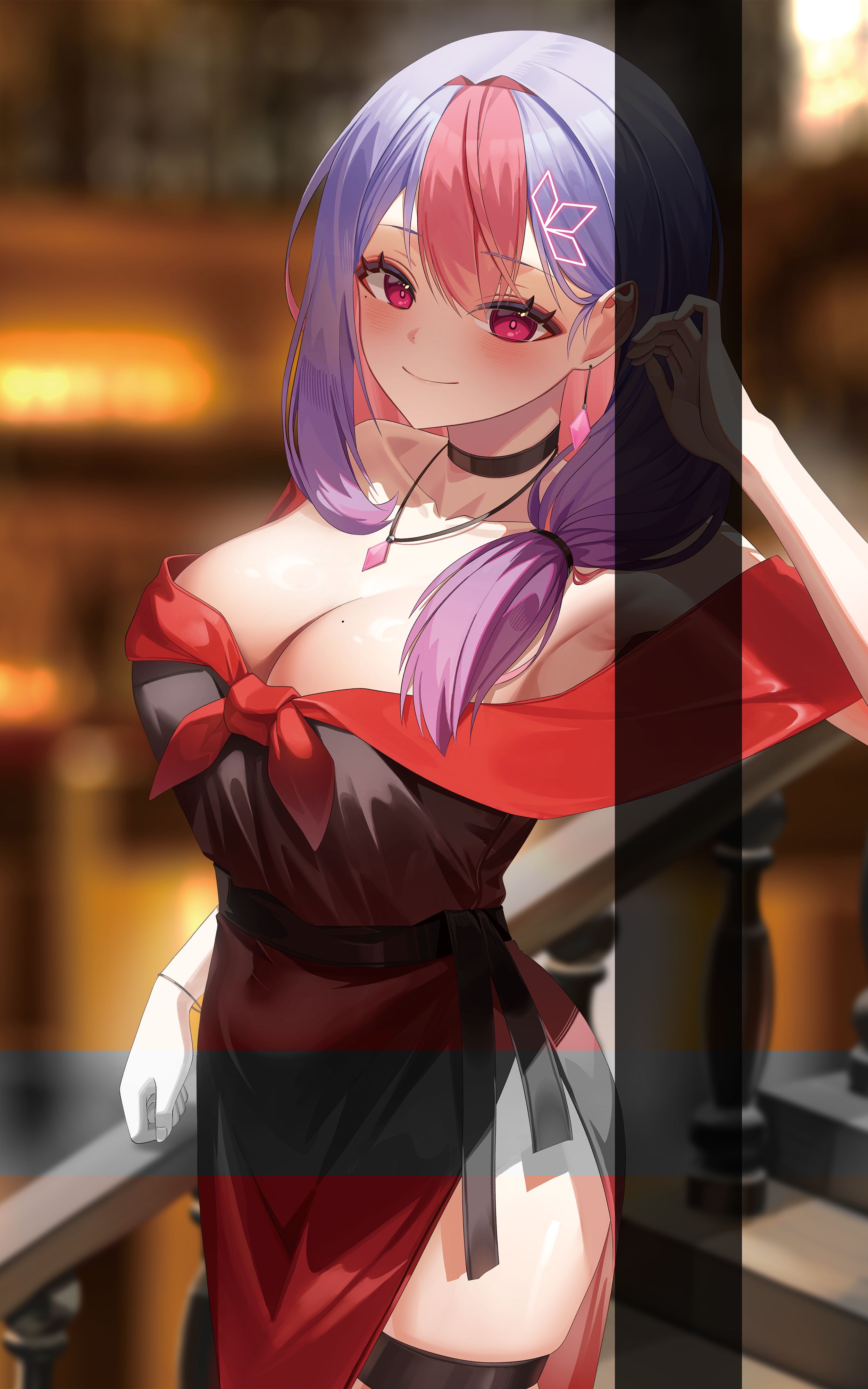 gimseol, bing hayu, luvdia, absurdres, commission, highres, 1girl, armpits, bare shoulders, black choker, breasts, choker, cleavage, closed mouth, collarbone, covered navel, cowboy shot, dress, gradient clothes, gradient dress, hair over shoulder, hand up, jewelry, large breasts, long hair, looking at viewer, mole, mole on breast, mole under eye, multicolored hair, necklace, off-shoulder dress, off shoulder, pink hair, purple hair, red dress, red eyes, side slit, smile, solo, thigh strap, two-tone hair, virtual youtuber
