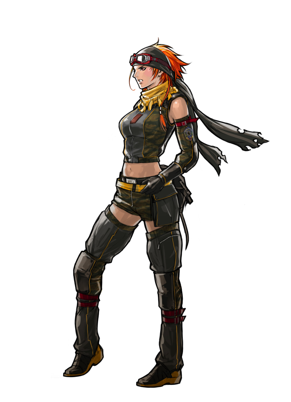 hiroaki (kof), tasha (advance wars), advance wars, advance wars: days of ruin, highres, official art, 1girl, angry, bandana, bare shoulders, belt, belt pouch, black thighhighs, boots, breasts, clenched teeth, crop top, elbow gloves, female focus, gloves, goggles, goggles on head, hand on own hip, knee pads, large breasts, midriff, military, military uniform, navel, orange eyes, orange hair, pouch, profile, scarf, short hair, short shorts, shorts, simple background, solo, spiked hair, standing, strap, teeth, thigh boots, thighhighs, tiptoes, torn clothes, zettai ryouiki