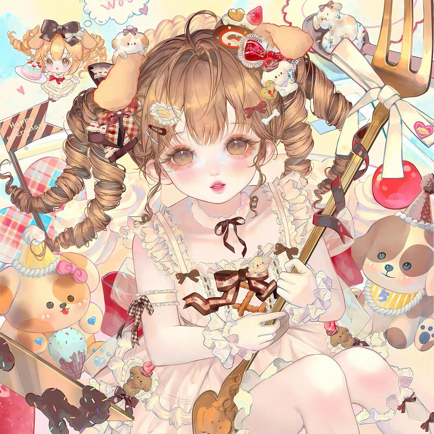 xixizi, original, highres, large variant set, variant set, 1girl, animal ears, blush, bow, brown eyes, brown hair, chocolate, dog ears, dress, drill hair, food, food-themed hair ornament, frilled dress, frills, fruit, gloves, hair bow, hair ornament, hairclip, holding, long hair, looking at viewer, parted lips, ribbon, sitting, solo, strawberry, stuffed animal, stuffed toy, teddy bear, twin drills, white dress, white gloves