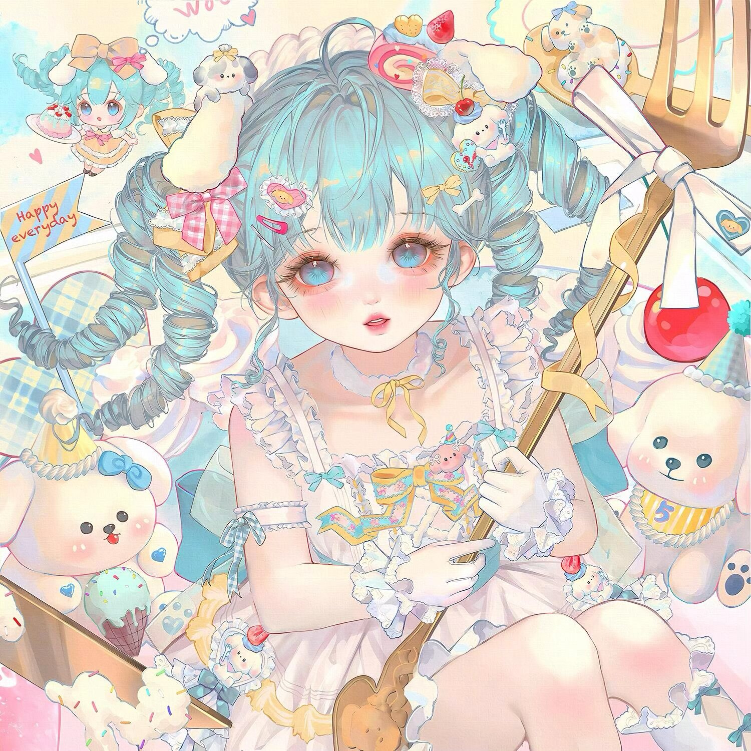 xixizi, original, highres, large variant set, variant set, 1girl, animal ears, blue eyes, blue hair, blush, bow, cupcake, dress, drill hair, food, food-themed hair ornament, frills, fruit, gloves, hair ornament, hairclip, long hair, looking at viewer, sitting, solo, stuffed animal, stuffed toy, twin drills, white gloves