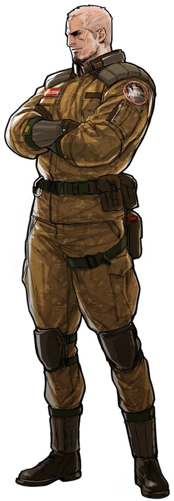 hiroaki (kof), brenner (advance wars), advance wars, advance wars: days of ruin, official art, 1boy, belt, belt pouch, black eyes, boots, crossed arms, facial hair, full body, gloves, goatee, knee pads, male focus, military, military uniform, pouch, profile, scar, short hair, simple background, smile, solo, standing, thigh strap, white hair