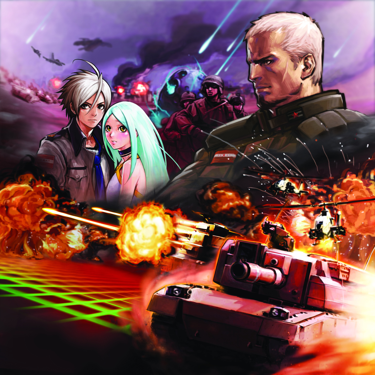 hiroaki (kof), brenner (advance wars), isabella, isabella (advance wars), will (advance wars), advance wars, advance wars: days of ruin, nintendo, vehicle, highres, official art, 1girl, 6+boys, ah-1 cobra, aircraft, airplane, attack helicopter, choker, coat, explosion, green hair, helicopter, helmet, jacket, military, military vehicle, motor vehicle, multiple boys, necktie, sky, soldier, tank