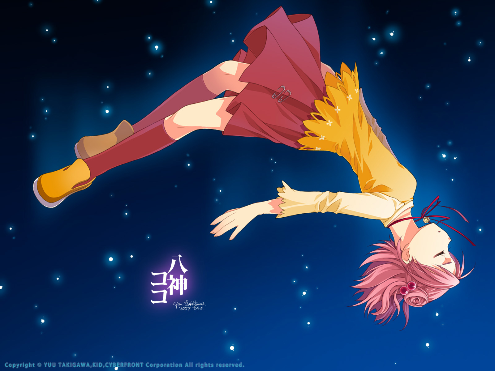 takigawa yuu, yagami coco, ever 17, highres, tagme, arched back, blouse, blue background, from side, full body, hair bun, kneehighs, miniskirt, pink hair, red socks, shirt, shoes, sideways, single hair bun, single side bun, skirt, socks, solo, yellow shirt, yellow shoes