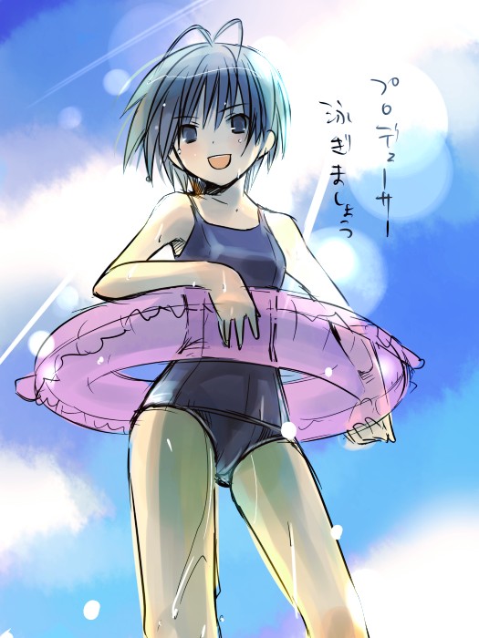 kikuchi makoto, idolmaster, idolmaster (classic), non-web source, translated, 00s, antenna hair, black eyes, black hair, day, from below, innertube, looking down, looking up, one-piece swimsuit, school swimsuit, short hair, sky, smile, solo, swim ring, swimsuit