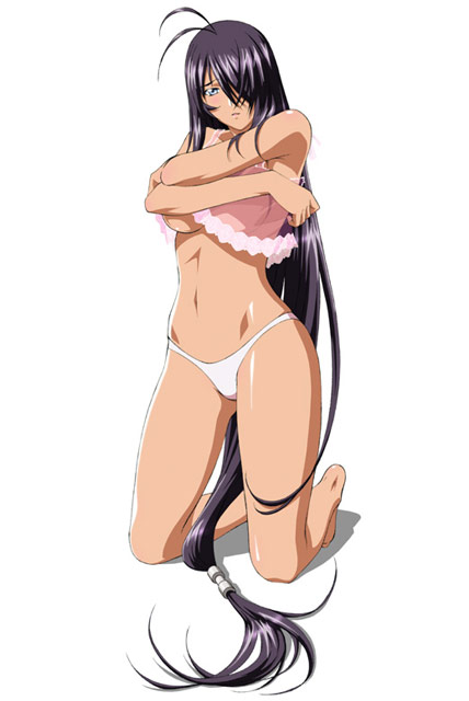 kan'u unchou, ikkitousen, 00s, 1girl, black hair, breasts, female focus, kneeling, long hair, low-tied long hair, panties, solo, underboob, underwear, undressing, very long hair