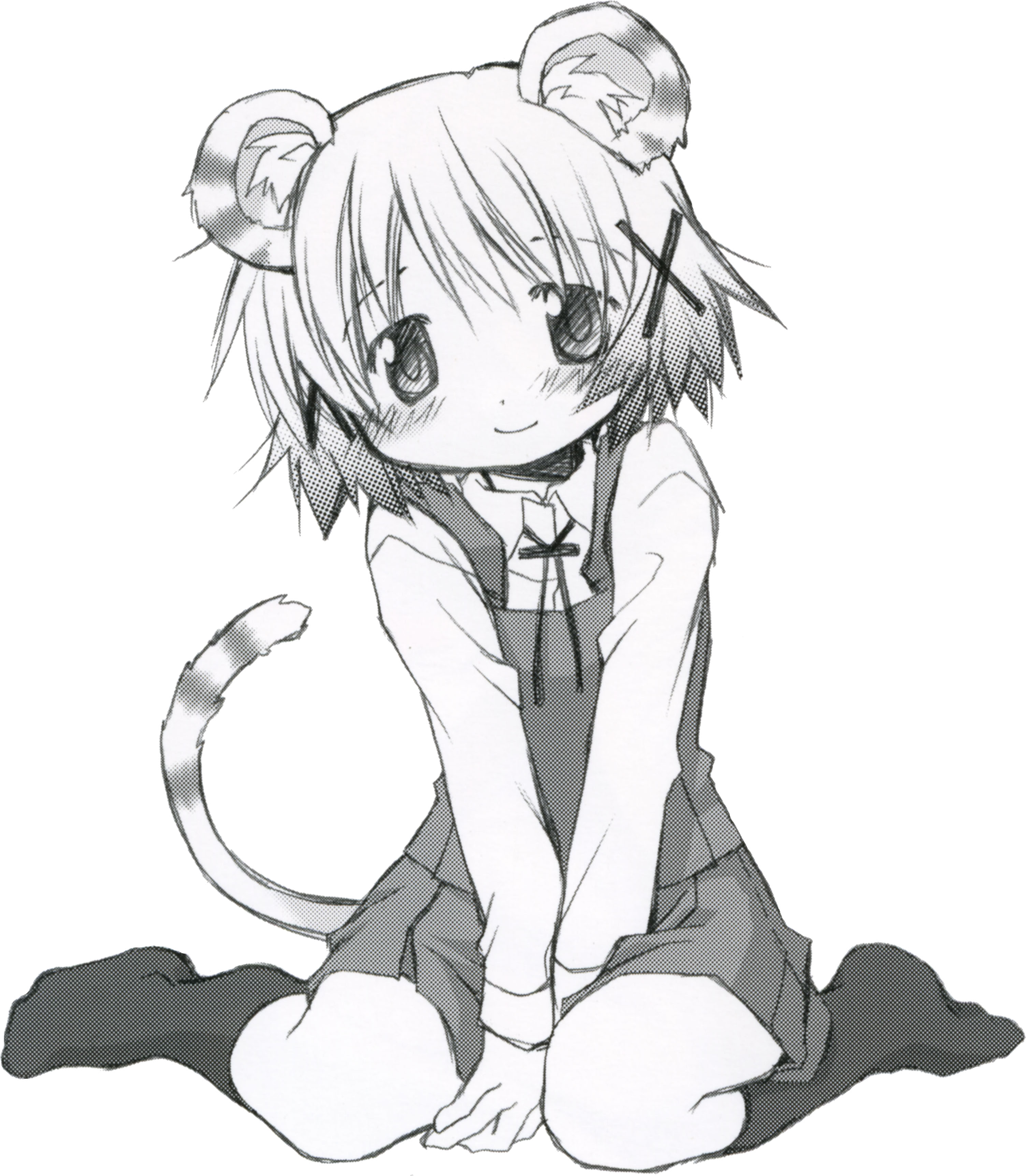 aoki ume, yuno (hidamari sketch), hidamari sketch, absurdres, highres, official art, scan, third-party edit, 00s, 1girl, animal ears, blush, female focus, greyscale, kemonomimi mode, monochrome, school uniform, serafuku, sitting, sketch, smile, solo, tail, tiger, tiger ears, tiger tail, yamabuki high school uniform
