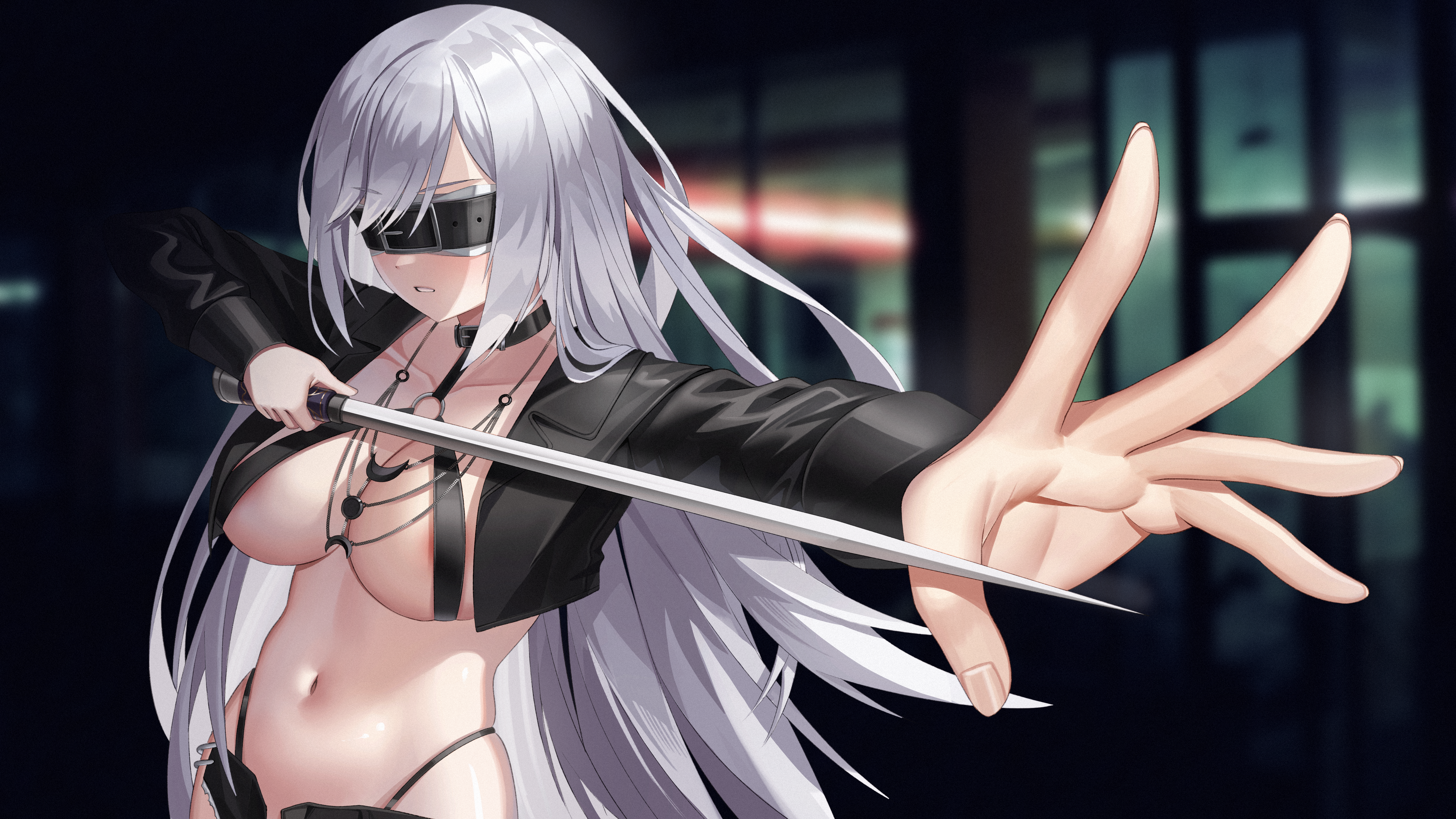gimseol, original, absurdres, commission, highres, 1girl, areola slip, belt, black choker, black jacket, blindfold, blurry, blurry background, breasts, choker, clenched teeth, cropped jacket, holding, holding sword, holding weapon, jacket, large breasts, long hair, long sleeves, micro shorts, navel, open clothes, open jacket, outstretched arm, shorts, sling bikini top, solo, stomach, sword, teeth, very long hair, weapon, white hair