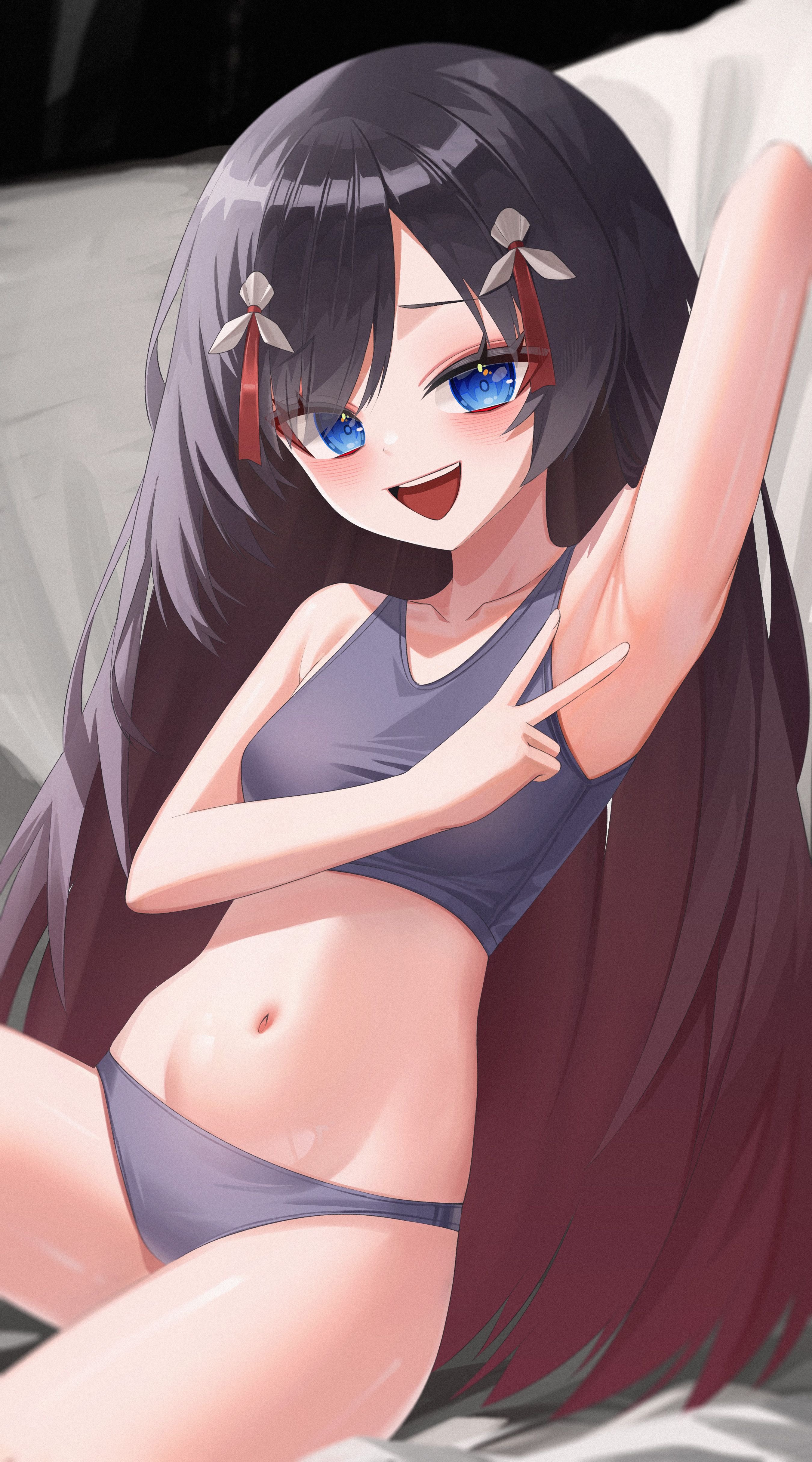 gimseol, rosaria le friede, counter:side, absurdres, highres, 1girl, arm up, armpits, bare shoulders, black hair, blue eyes, crop top, gradient hair, grey panties, grey shirt, hair ornament, long hair, looking at viewer, multicolored hair, navel, no pants, open mouth, panties, presenting armpit, shirt, sitting, sleeveless, sleeveless shirt, smile, solo, stomach, underwear, v, very long hair