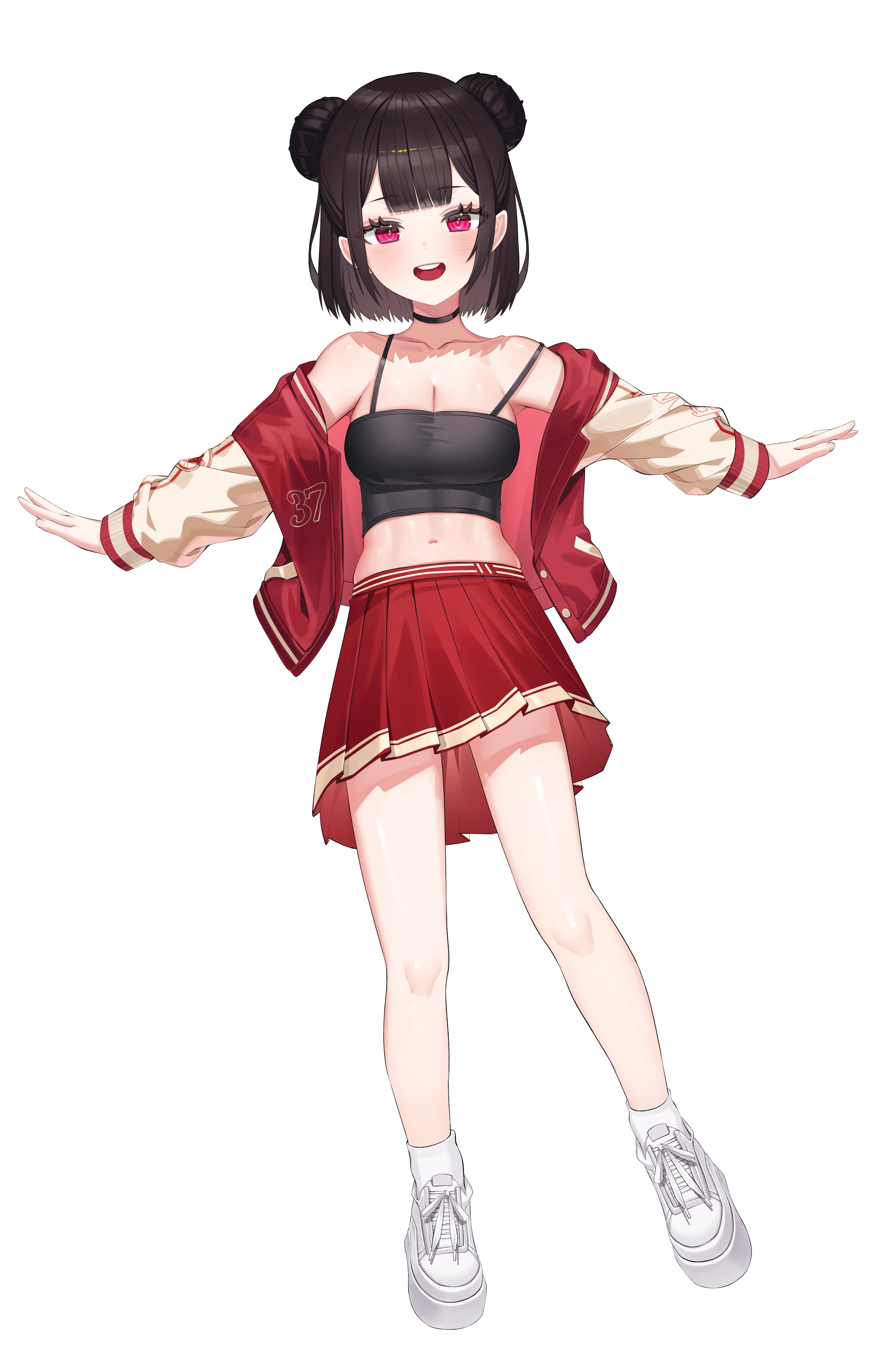 gimseol, original, absurdres, commission, highres, 1girl, bare legs, bare shoulders, black choker, black hair, black shirt, breasts, choker, cleavage, collarbone, crop top, double bun, full body, hair bun, jacket, large breasts, long sleeves, looking at viewer, midriff, navel, off shoulder, open clothes, open jacket, open mouth, outstretched arms, pleated skirt, pointy ears, red eyes, red jacket, red skirt, shirt, shoes, short hair, simple background, skirt, sleeveless, sleeveless shirt, smile, sneakers, solo, spaghetti strap, stomach, strap slip, white background, white shoes