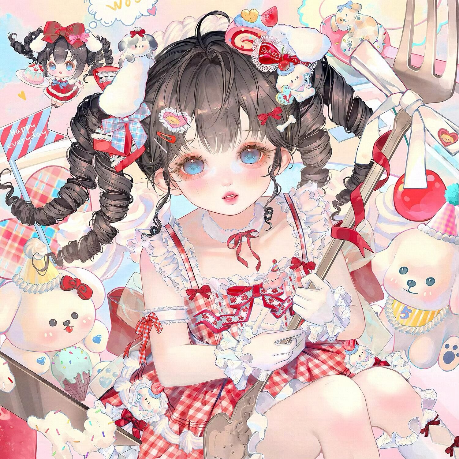 xixizi, original, highres, large variant set, variant set, 1girl, ahoge, black hair, blue eyes, blush, bow, dress, drill hair, food, food-themed hair ornament, fork, frills, gloves, hair bow, hair ornament, holding, long hair, looking at viewer, parted lips, ribbon, sitting, solo, stuffed animal, stuffed toy, teddy bear, twin drills, white gloves
