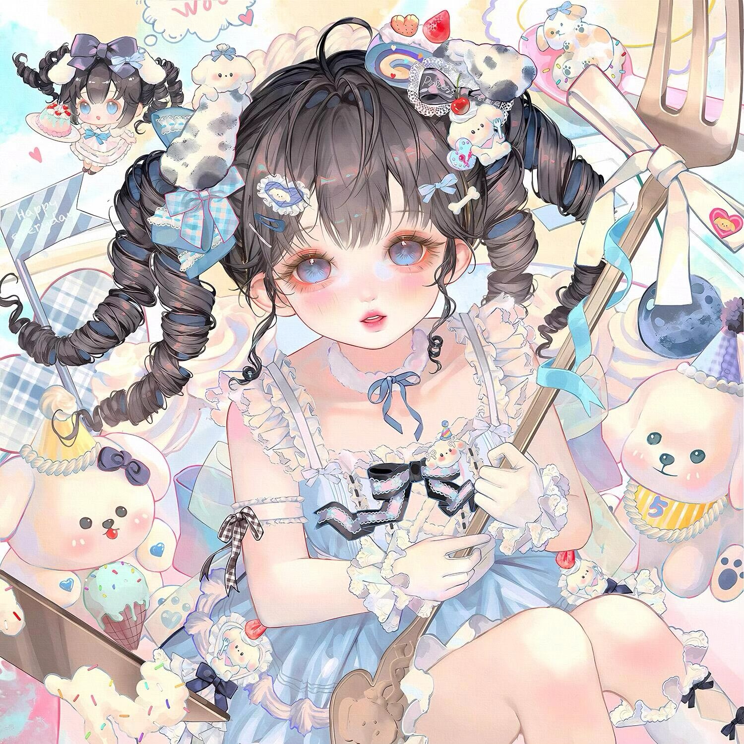 xixizi, original, highres, large variant set, variant set, 1girl, ahoge, black hair, blue dress, blue eyes, blush, bow, dress, drill hair, food, frilled dress, frills, gloves, hair bow, hair ornament, holding, long hair, looking at viewer, parted lips, ribbon, sitting, solo, stuffed animal, stuffed toy, teddy bear, twin drills, white gloves