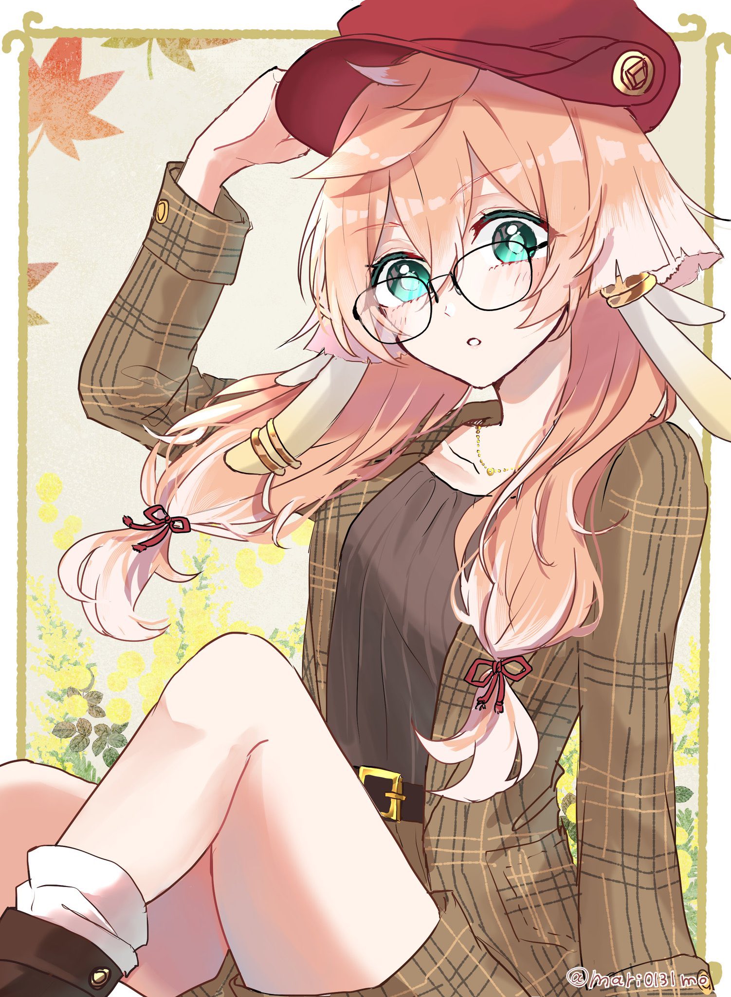 pomemi, yanfei (genshin impact), genshin impact, highres, 1girl, alternate costume, aqua eyes, arm up, bare legs, belt, black belt, black shirt, brown jacket, hat, jacket, knee up, long hair, long sleeves, looking at viewer, open clothes, open jacket, parted lips, pink hair, plaid clothes, plaid jacket, red hat, shirt, sitting, solo, thighs