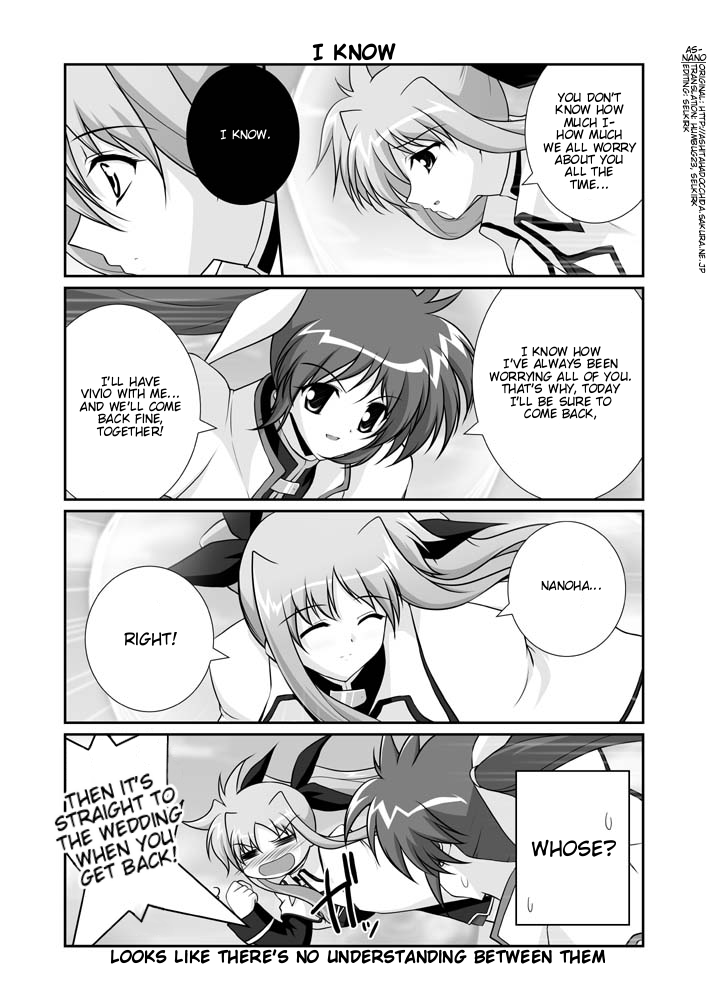 mikage takashi, fate testarossa, takamachi nanoha, lyrical nanoha, mahou shoujo lyrical nanoha, mahou shoujo lyrical nanoha strikers, hard-translated, third-party edit, translated, 00s, 2girls, = =, blush, cape, clenched hand, closed eyes, coat, comic, english text, greyscale, jacket, magical girl, monochrome, multiple girls, open clothes, open jacket, twintails