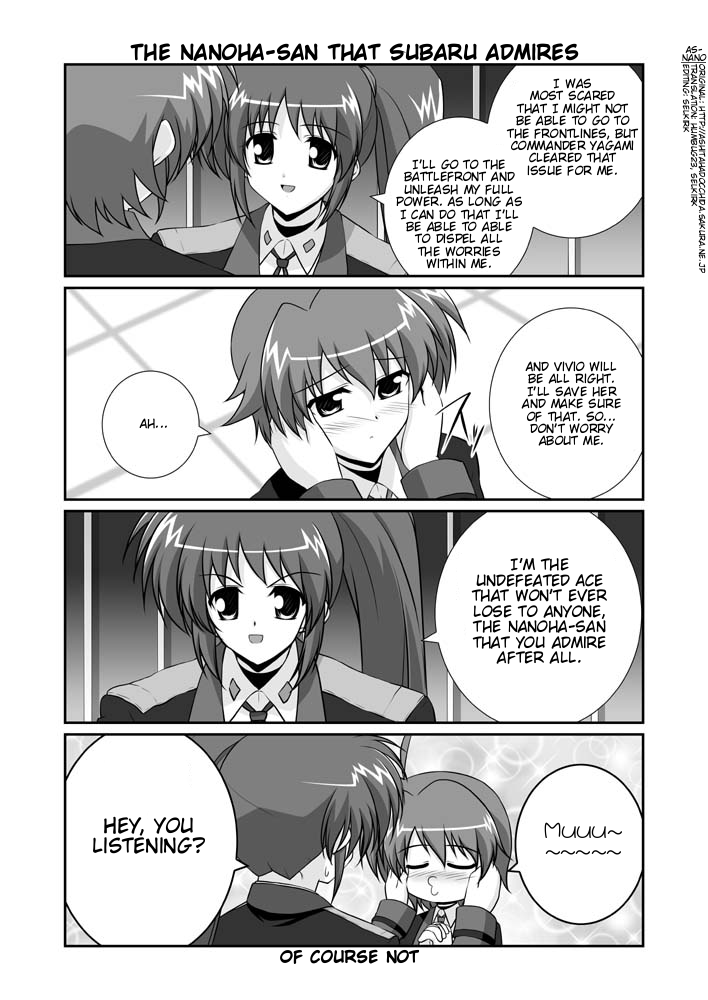 mikage takashi, subaru nakajima, takamachi nanoha, lyrical nanoha, mahou shoujo lyrical nanoha, mahou shoujo lyrical nanoha strikers, hard-translated, third-party edit, translated, 00s, 2girls, blush, closed eyes, comic, english text, greyscale, hands on another's face, imminent kiss, military, military uniform, monochrome, multiple girls, side ponytail
