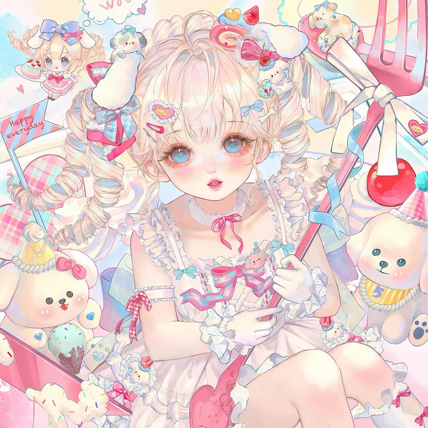 xixizi, original, highres, large variant set, variant set, 1girl, blonde hair, blue eyes, blush, bow, dress, drill hair, food, food-themed hair ornament, frills, fruit, gloves, hair ornament, hairclip, ice cream, long hair, looking at viewer, ribbon, sitting, stuffed animal, stuffed toy, teddy bear, white dress, white gloves