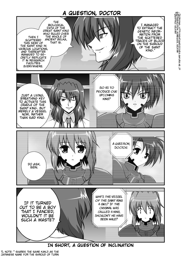 mikage takashi, jail scaglietti, numbers (nanoha), sein (nanoha), lyrical nanoha, mahou shoujo lyrical nanoha, mahou shoujo lyrical nanoha strikers, eyebrows, hard-translated, third-party edit, translated, 00s, 1boy, 1girl, bodysuit, comic, english text, facial mark, greyscale, lab coat, monochrome, one eye closed, text focus