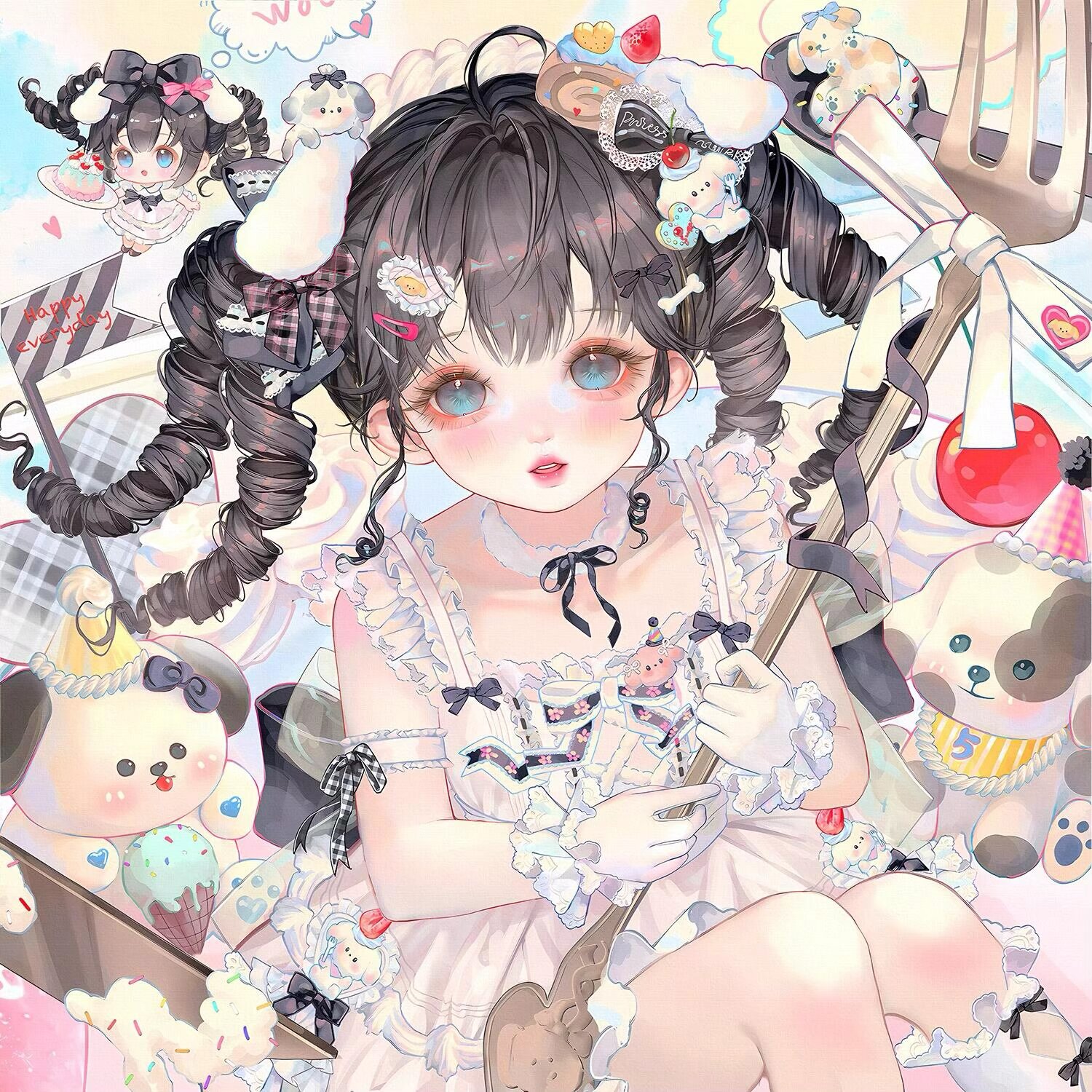 xixizi, original, highres, large variant set, variant set, 1girl, ahoge, black hair, blue eyes, blush, bow, dress, drill hair, food, food-themed hair ornament, fork, frills, fruit, gloves, hair ornament, holding, long hair, looking at viewer, ribbon, sitting, solo, strawberry, stuffed animal, stuffed toy, twin drills, white dress, white gloves