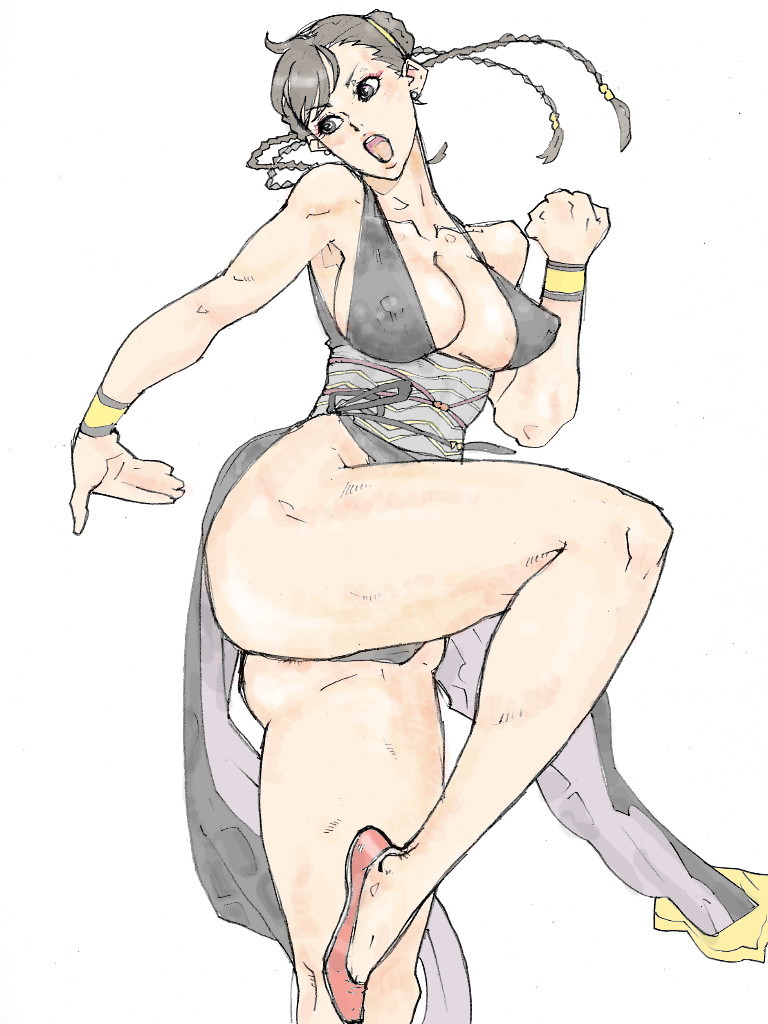 kyuraa (kyura9een), chun-li, capcom, street fighter, street fighter ii (series), street fighter iv (series), silver hair, 1990s (style), 1girl, alternate costume, alternate hairstyle, armpits, backless dress, backless outfit, bare shoulders, black hair, braid, breasts, brown eyes, brown hair, china dress, chinese clothes, cleavage, covered erect nipples, double bun, dress, earrings, female focus, grey eyes, hair bun, hip focus, huge breasts, jewelry, large breasts, leg up, legs, long hair, midriff, muscular, nipples, open mouth, panties, pantyshot, pelvic curtain, retro artstyle, sash, shoes, short hair, sideboob, simple background, solo, swept bangs, thick thighs, thighs, underwear, upskirt, wide hips