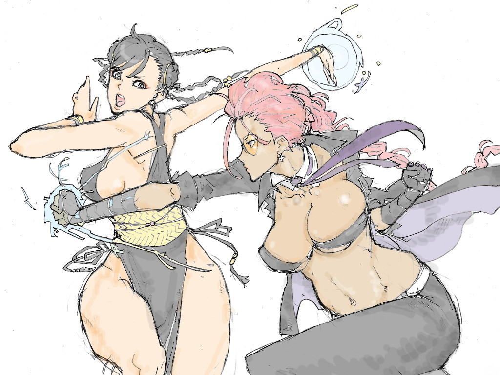 kyuraa (kyura9een), chun-li, crimson viper, capcom, street fighter, street fighter ii (series), street fighter iv (series), silver hair, 1990s (style), 2girls, alternate costume, armpits, battle, braid, breasts, brown eyes, brown hair, china dress, chinese clothes, cleavage, covered erect nipples, curvy, double bun, dress, earrings, glasses, gloves, grey eyes, hip focus, huge breasts, jewelry, knees, large breasts, leather, legs, mature female, midriff, multiple girls, muscular, navel, necktie, nipples, pelvic curtain, pompadour, red hair, sash, short hair, sideboob, wide hips