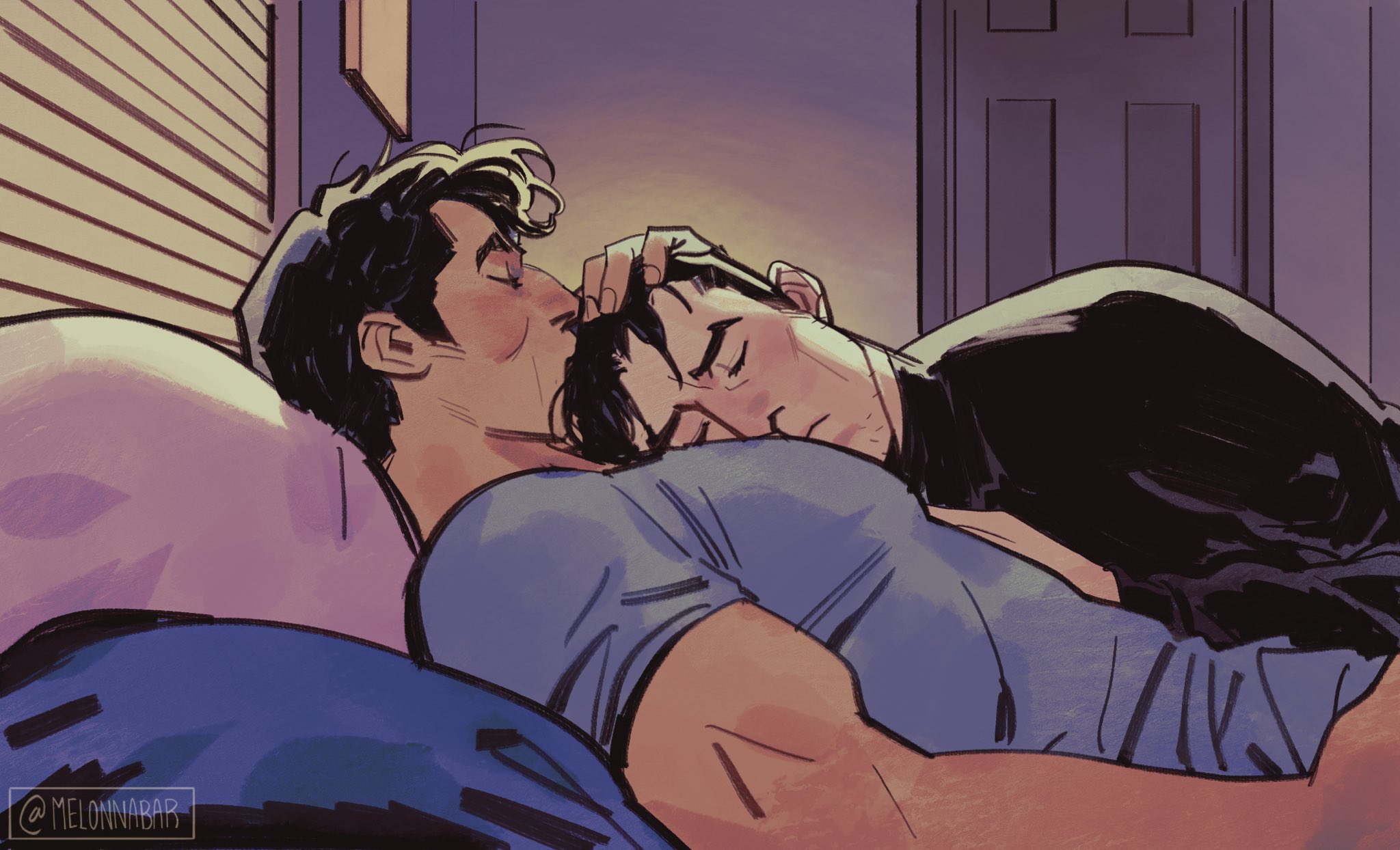melonnabar, bruce wayne, clark kent, batman (series), dc comics, superman (series), commentary, english commentary, highres, 2boys, black hair, black shirt, blue shirt, closed eyes, door, hand on another's head, indoors, kiss, kissing head, lying, male focus, multiple boys, on back, on side, picture frame, pillow, shirt, short hair, short sleeves, sideburns, t-shirt, twitter username, window, window blinds, yaoi