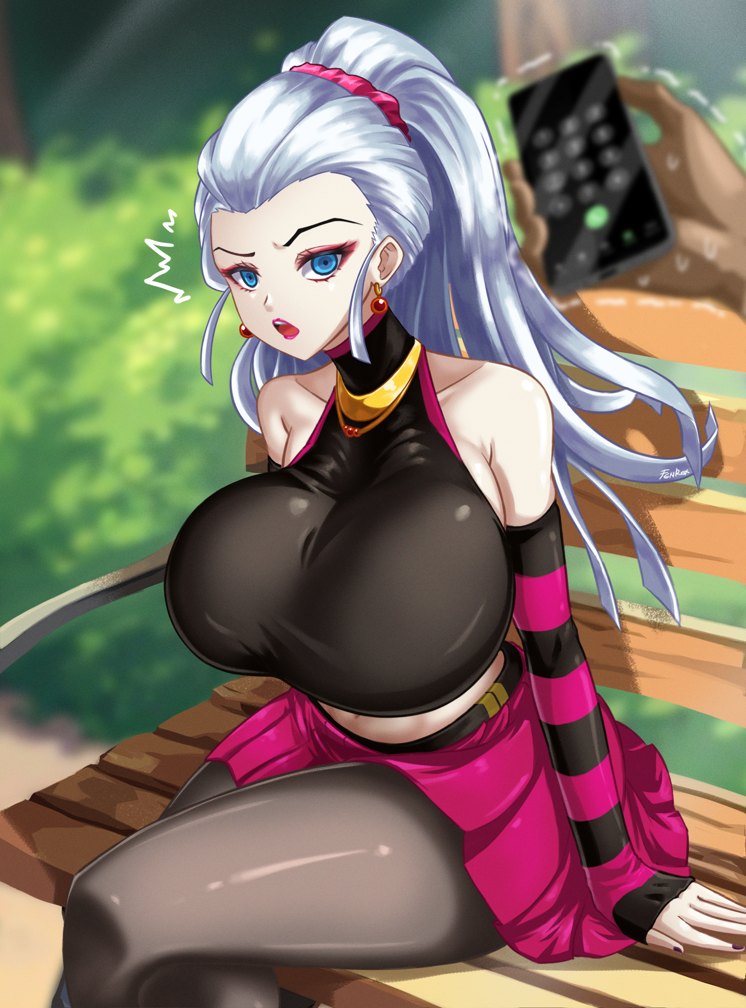 fenrox, daki (kimetsu no yaiba), kimetsu no yaiba, highres, 1girl, 1other, blue eyes, breasts, cellphone, crossed legs, detached sleeves, earrings, eyeshadow, female focus, huge breasts, jewelry, lipstick, long hair, looking at viewer, makeup, midriff, nail polish, phone, ponytail, sitting, skirt, white hair