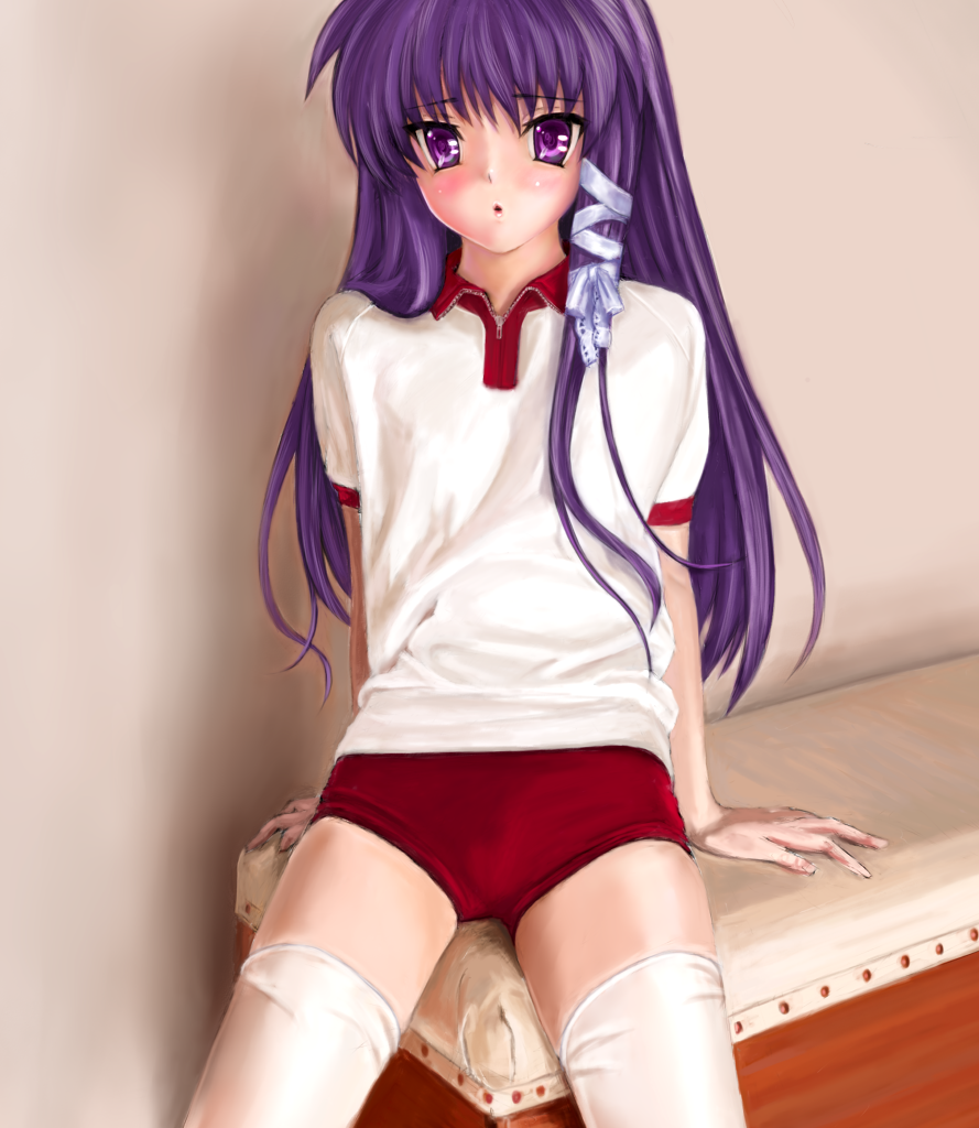 koomo (pixiv148008), koumo, fujibayashi kyou, clannad, 00s, buruma, gym uniform, long hair, purple eyes, purple hair, solo, thighhighs, vaulting horse
