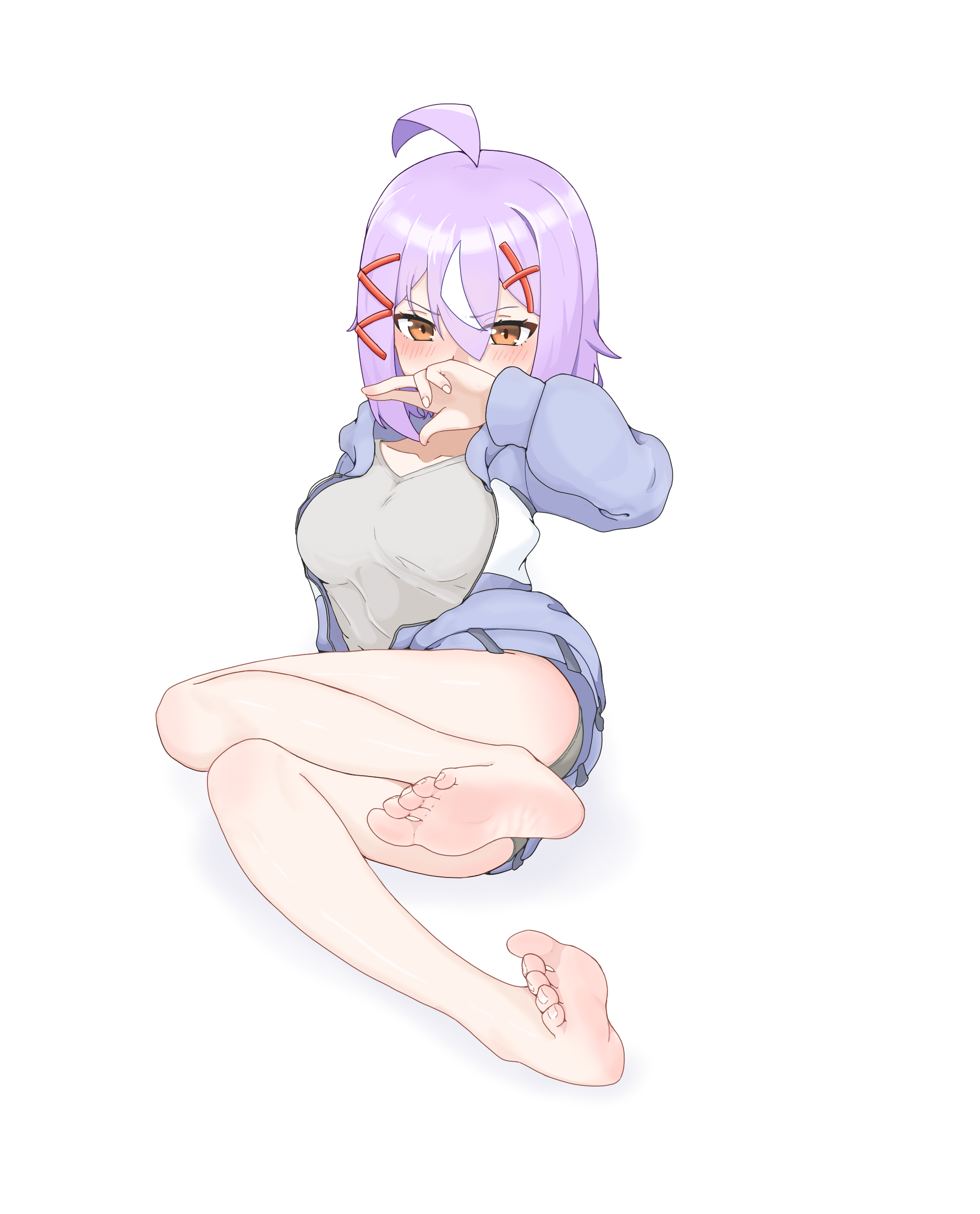 langui moxia, original, absurdres, highres, 1girl, barefoot, blush, brown eyes, covering own mouth, feet, hand over own mouth, looking at viewer, medium hair, purple hair, soles, toes