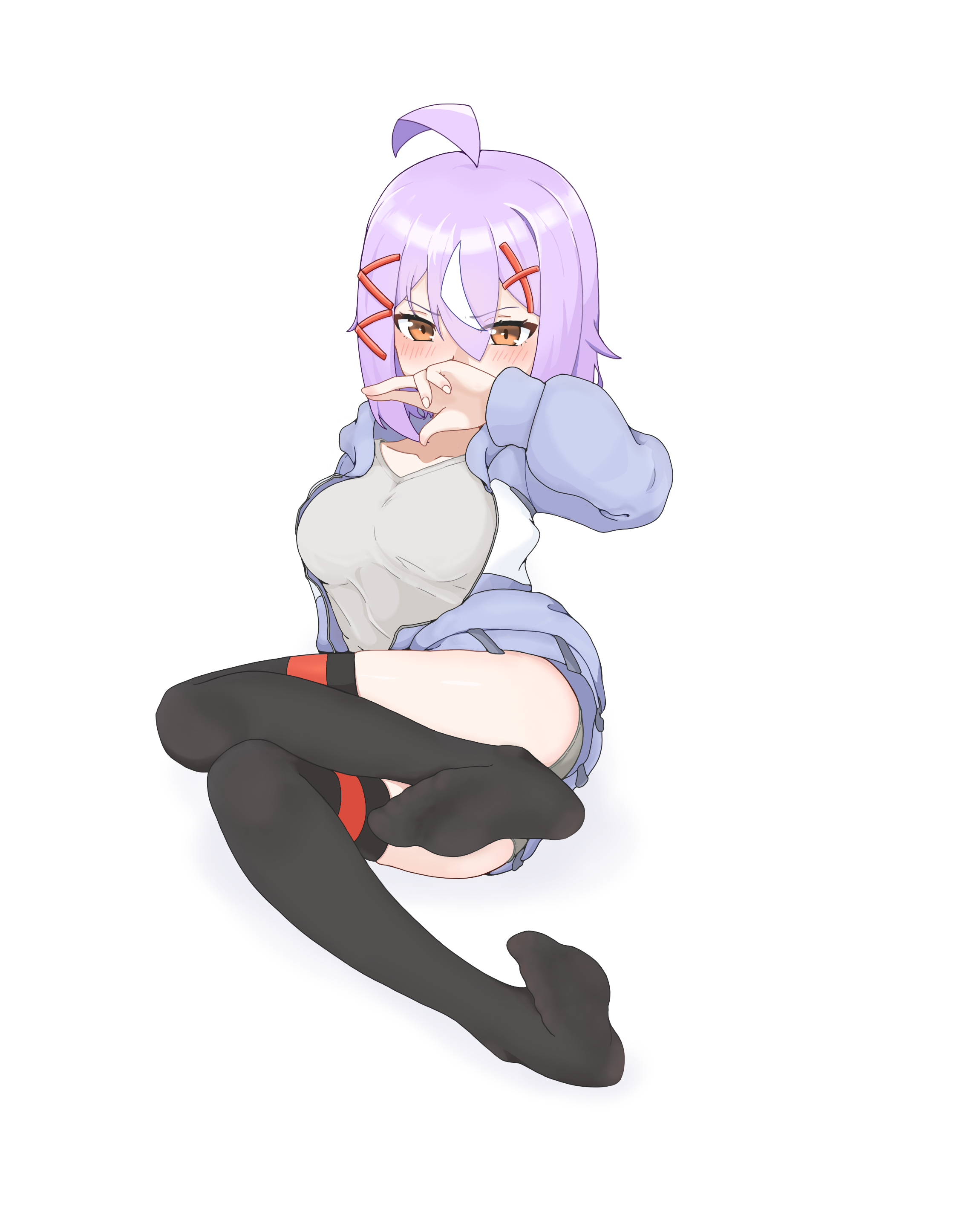 langui moxia, original, absurdres, highres, 1girl, black thighhighs, blush, brown eyes, covering own mouth, feet, hand over own mouth, looking at viewer, medium hair, purple hair, soles, thighhighs, toes