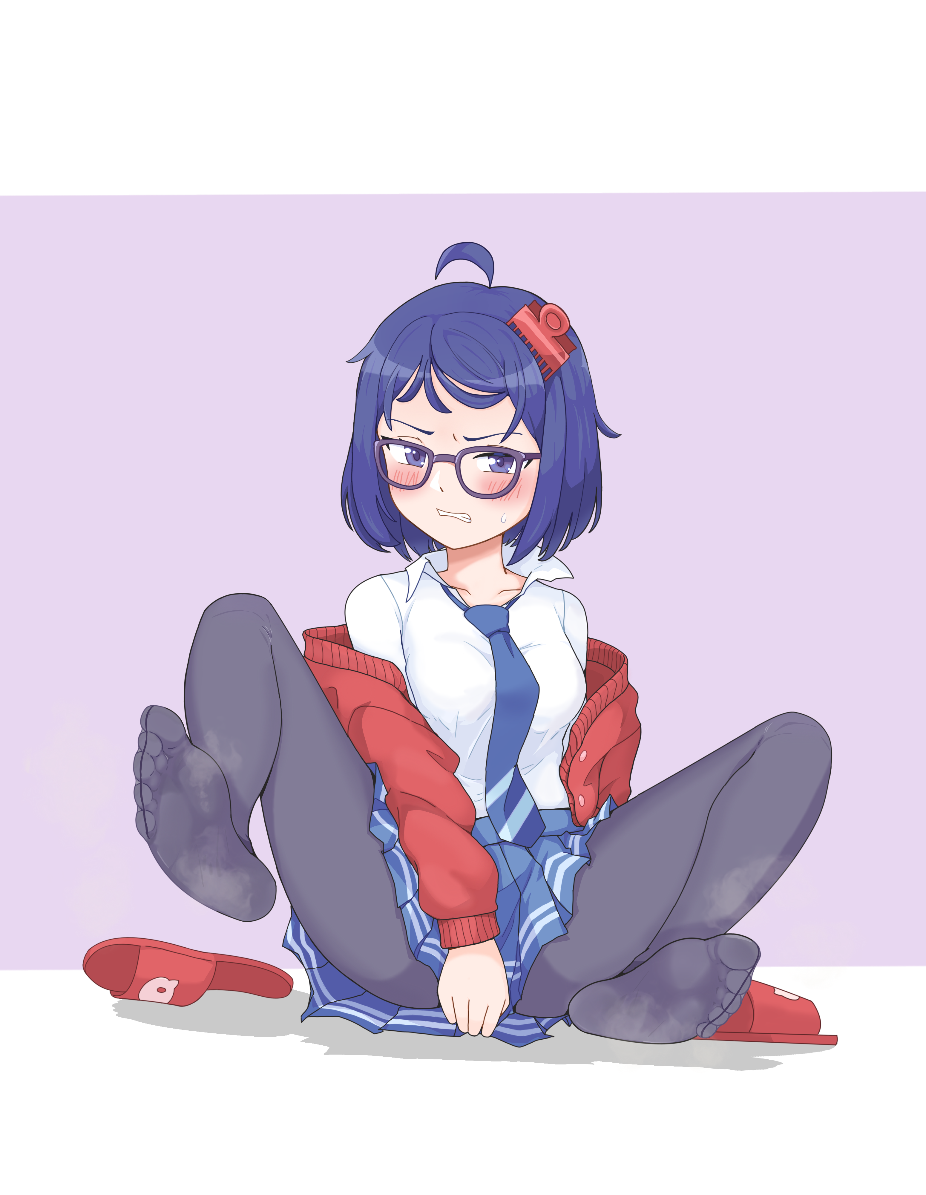 langui moxia, mila (miside), mita (miside), miside, absurdres, highres, 1girl, blue eyes, blue hair, blush, clenched teeth, feet, glasses, looking at viewer, medium hair, pantyhose, shoes, slippers, soles, steam, teeth, toes, unworn shoes