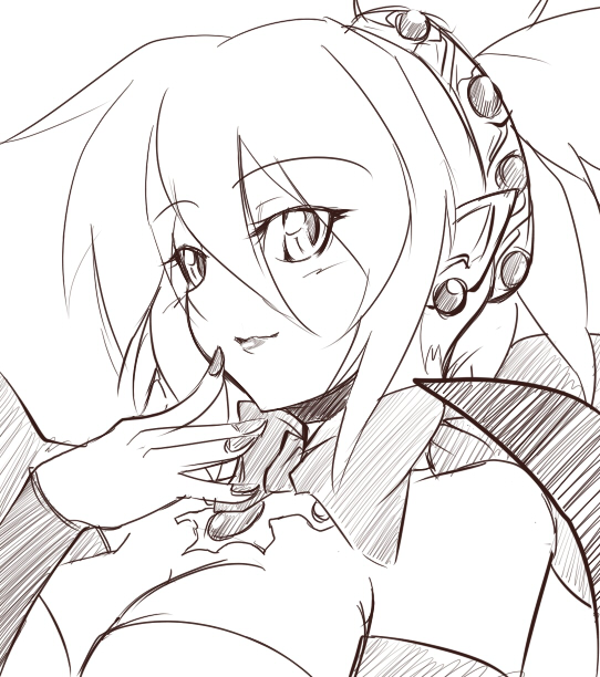 nana g, rozalin, disgaea, makai senki disgaea 2, nippon ichi, 1girl, breasts, cleavage, female focus, greyscale, large breasts, lipstick, makeup, monochrome, smile, solo