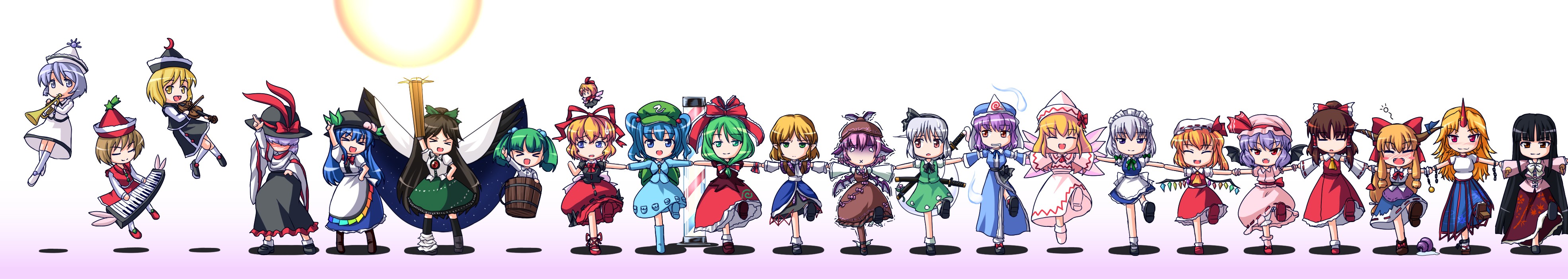 flandre scarlet, hakurei reimu, hinanawi tenshi, hoshiguma yuugi, houraisan kaguya, ibuki suika, izayoi sakuya, konpaku youmu, lily white, lunasa prismriver, lyrica prismriver, medicine melancholy, merlin prismriver, mizuhashi parsee, mystia lorelei, nagae iku, reiuji utsuho, remilia scarlet, saigyouji yuyuko, saturday night fever, touhou, absurdres, highres, long image, non-web source, wide image, 6+girls, arm cannon, blonde hair, bucket, dancing, everyone, female focus, flying, hand on own hip, horns, instrument, keyboard, keyboard (instrument), kicking, multiple girls, pointing, scabbard, sheath, single horn, trumpet, violin, weapon, wings