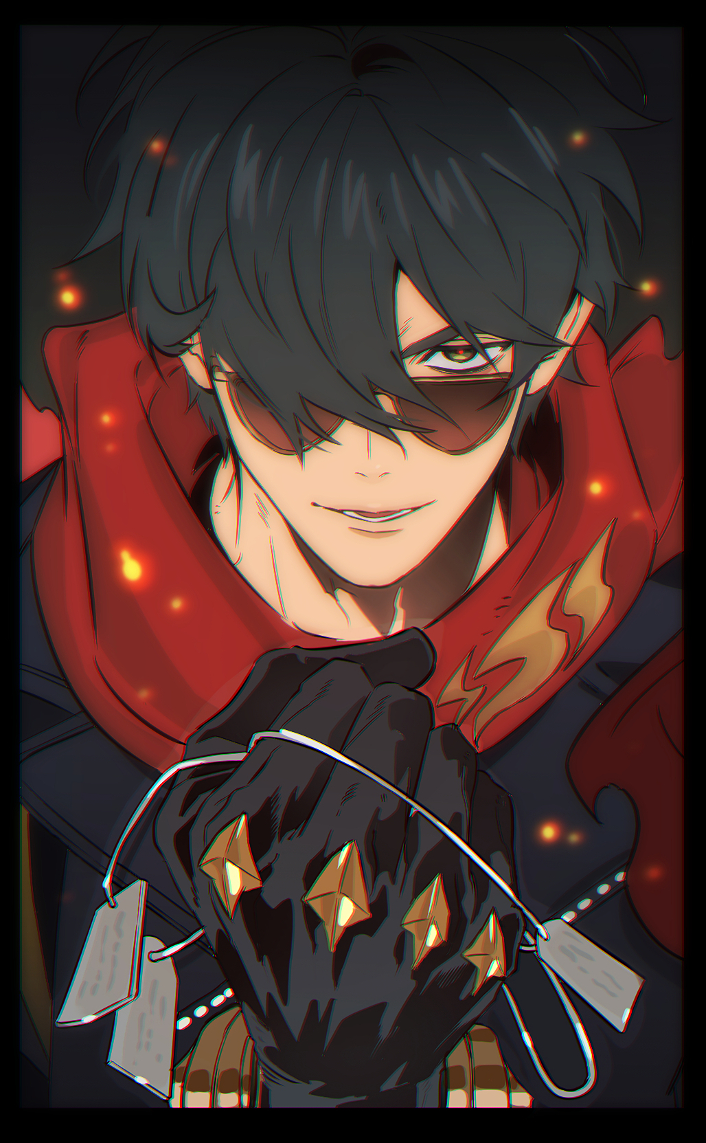 umbrella rpd, lighter (zenless zone zero), zenless zone zero, commentary request, highres, korean commentary, 1boy, arm up, black border, black hair, black jacket, border, clenched hand, dog tags, glasses, hair over one eye, holding, holding dog tags, jacket, lapels, looking at viewer, male focus, one eye covered, parted bangs, red scarf, sanpaku, scarf, solo, sunglasses