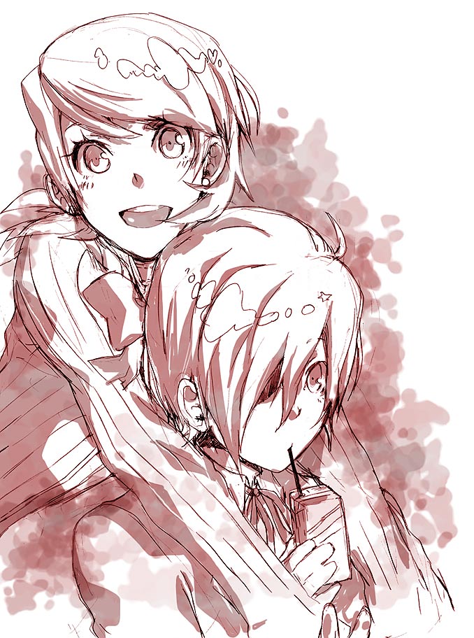 houhou (black lack), takeba yukari, yuuki makoto (persona 3), atlus, persona, persona 3, bad id, bad pixiv id, 1boy, 1girl, couple, drink, hair over one eye, happy, hetero, hug, hug from behind, juice box, monochrome, red theme, short hair, smile