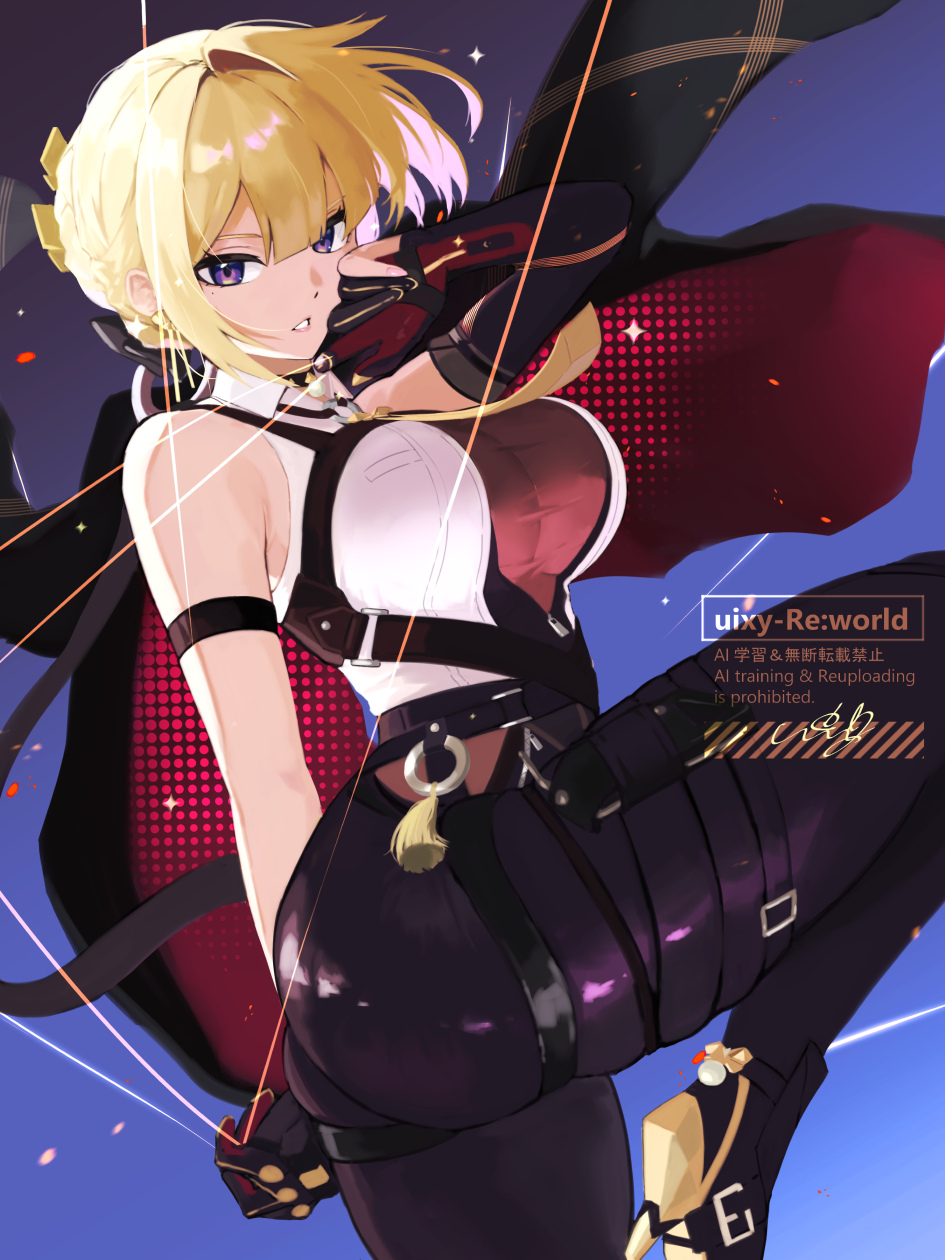 uixy, evelyn chevalier, zenless zone zero, highres, 1girl, black gloves, black pants, blonde hair, breasts, gloves, looking at viewer, pants, plant, purple eyes, shirt, solo, vines, white shirt